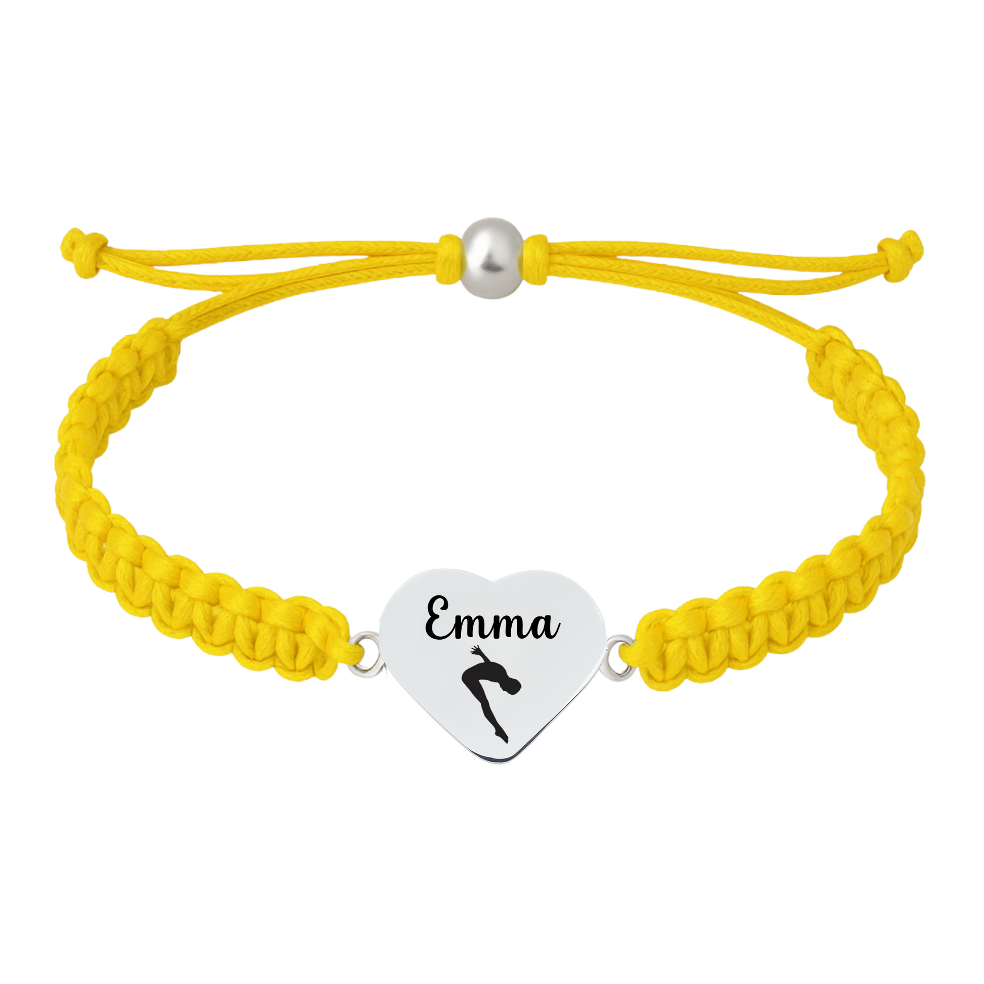 Yellow braided rope bracelet with personalized engraved heart charm for swimmers