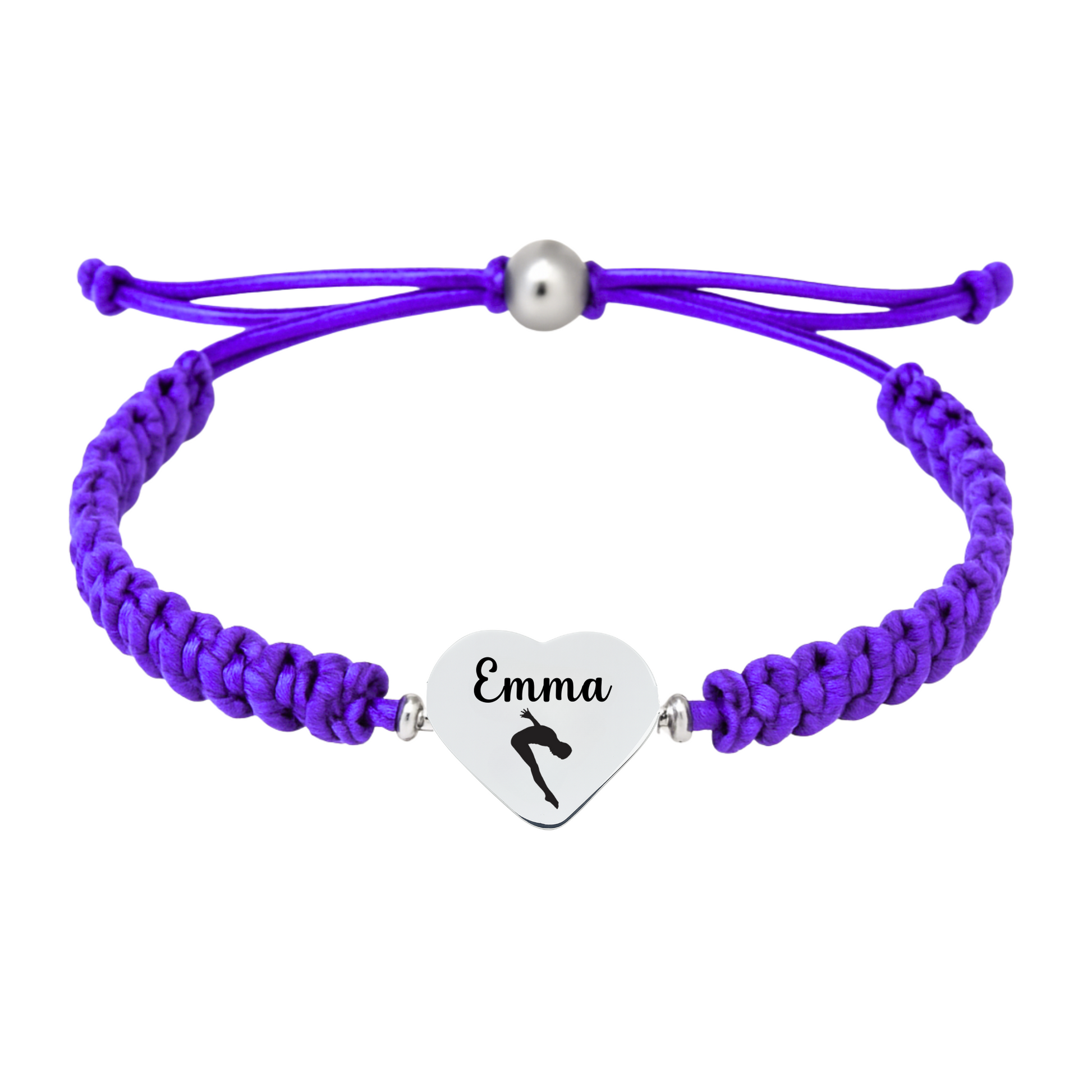 Violet rope bracelet with swim engraving on heart charm