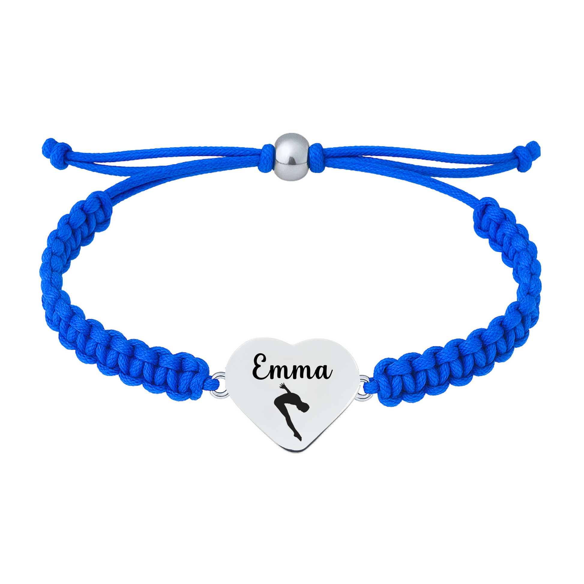 blue swim bracelet with engraved stainless charm