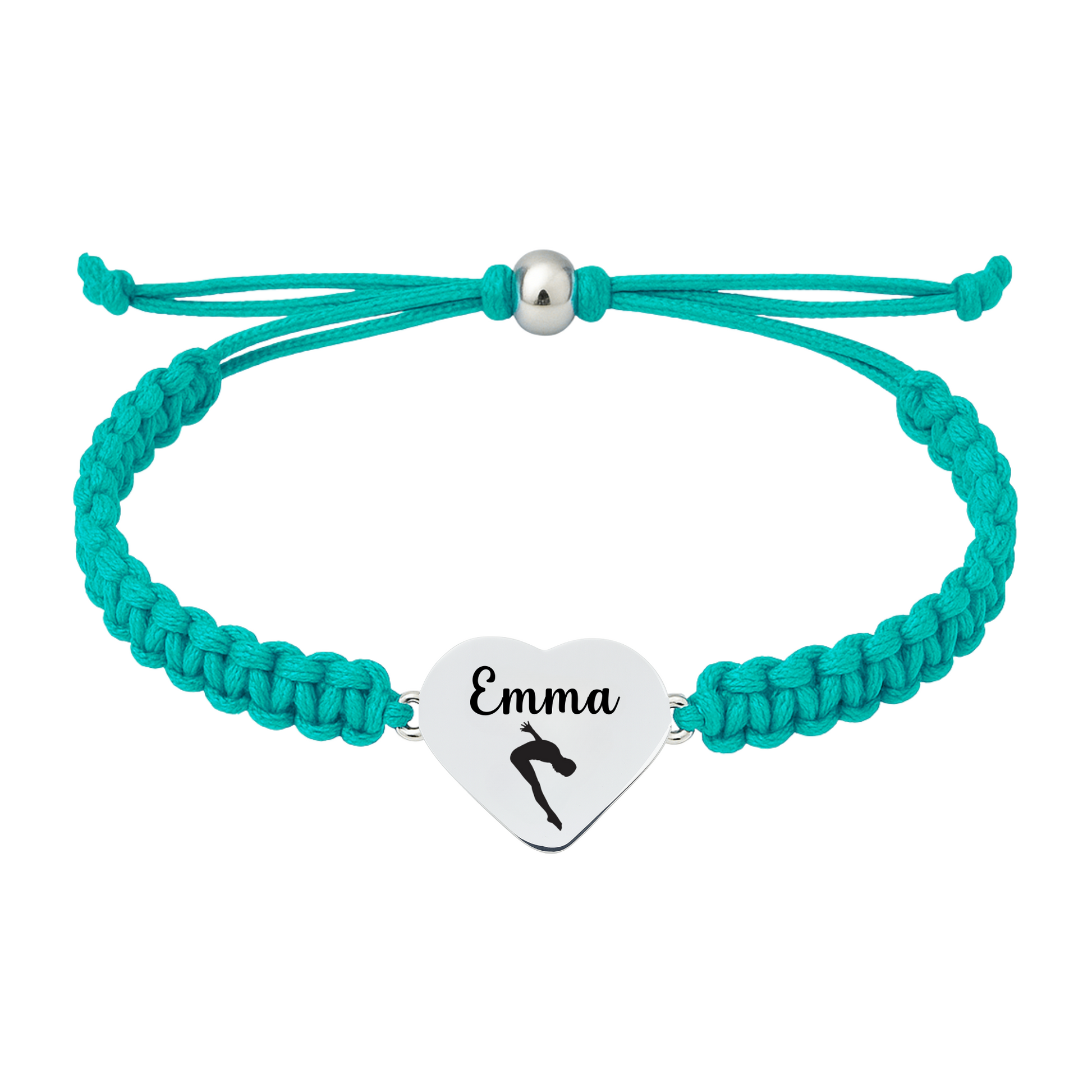 teal braided rope bracelet with personalized engraved heart charm for Swimming