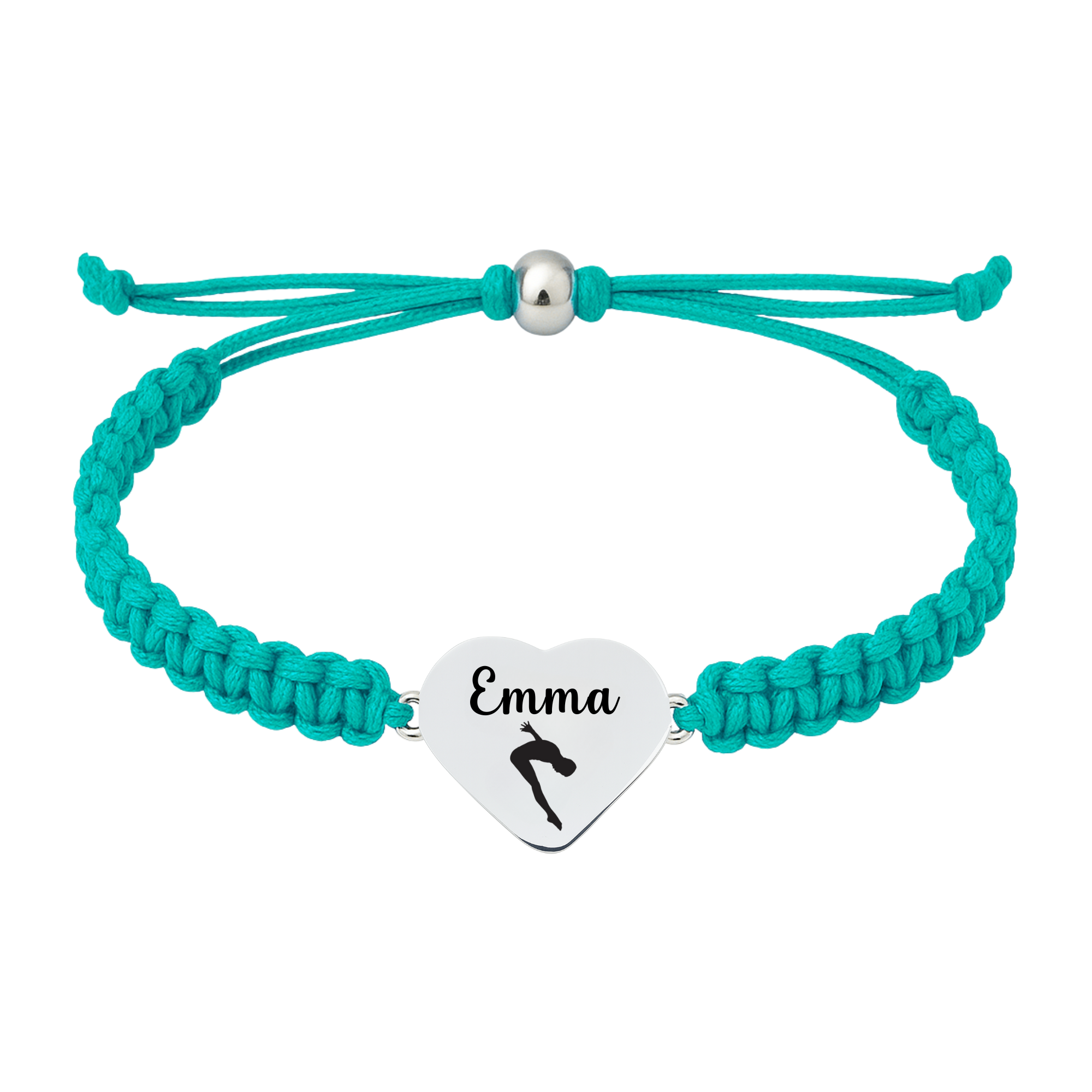teal braided rope bracelet with personalized engraved heart charm for Swimming