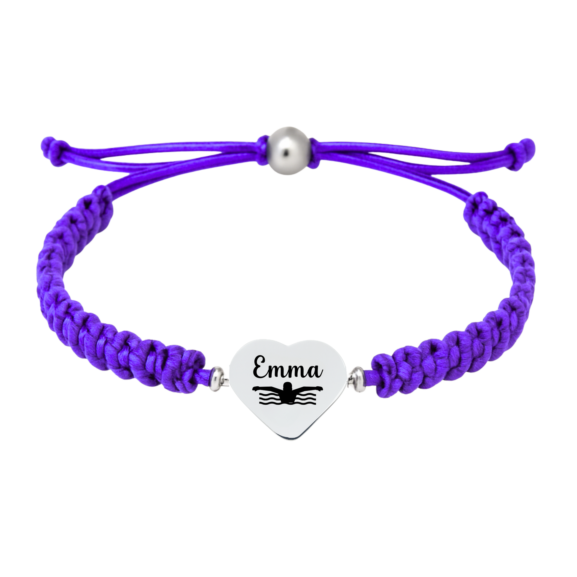 Violet rope bracelet with swim engraving on heart charm