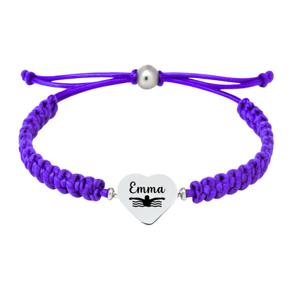 Violet rope bracelet with swim engraving on heart charm