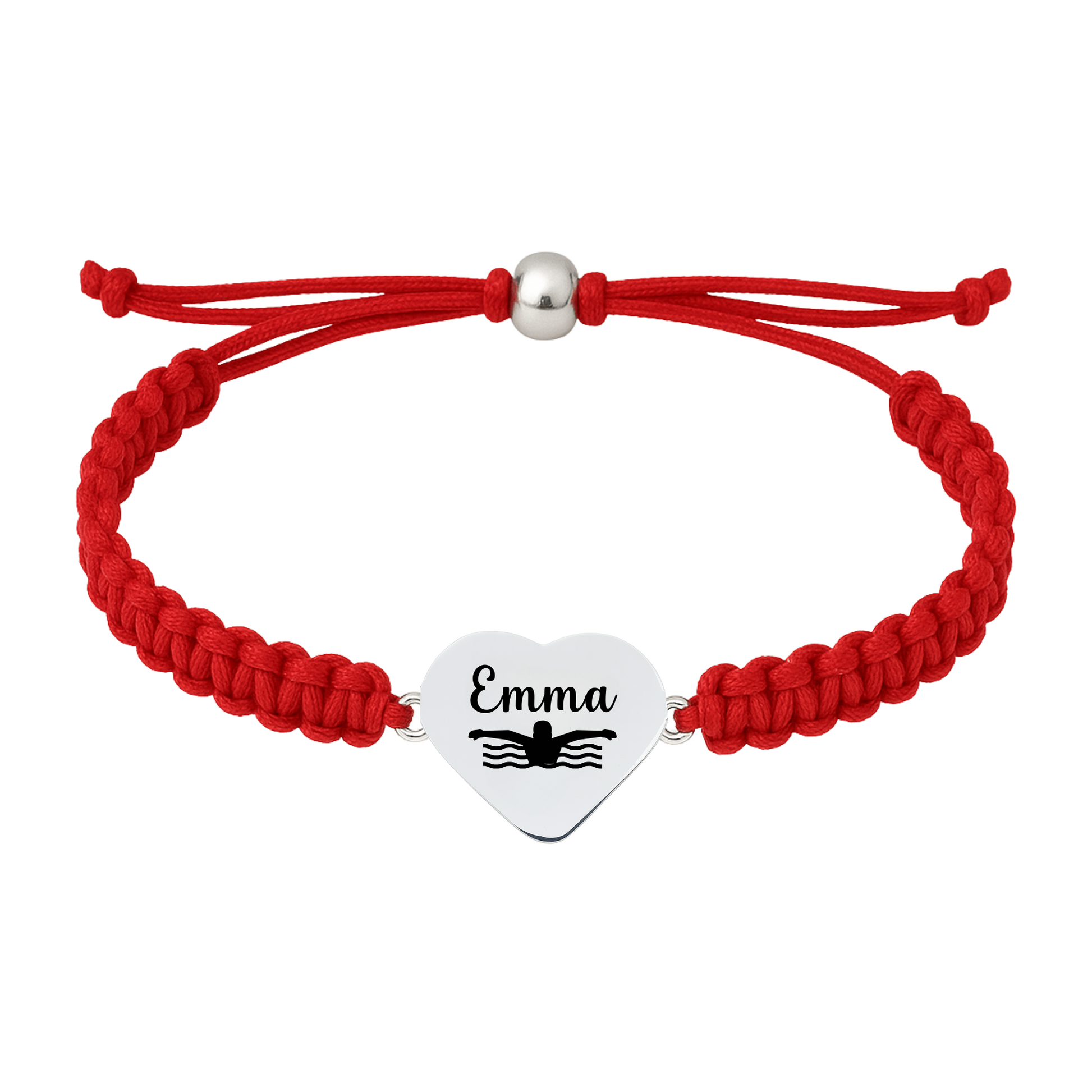 Red swim bracelet with heart-shaped swimmer charm