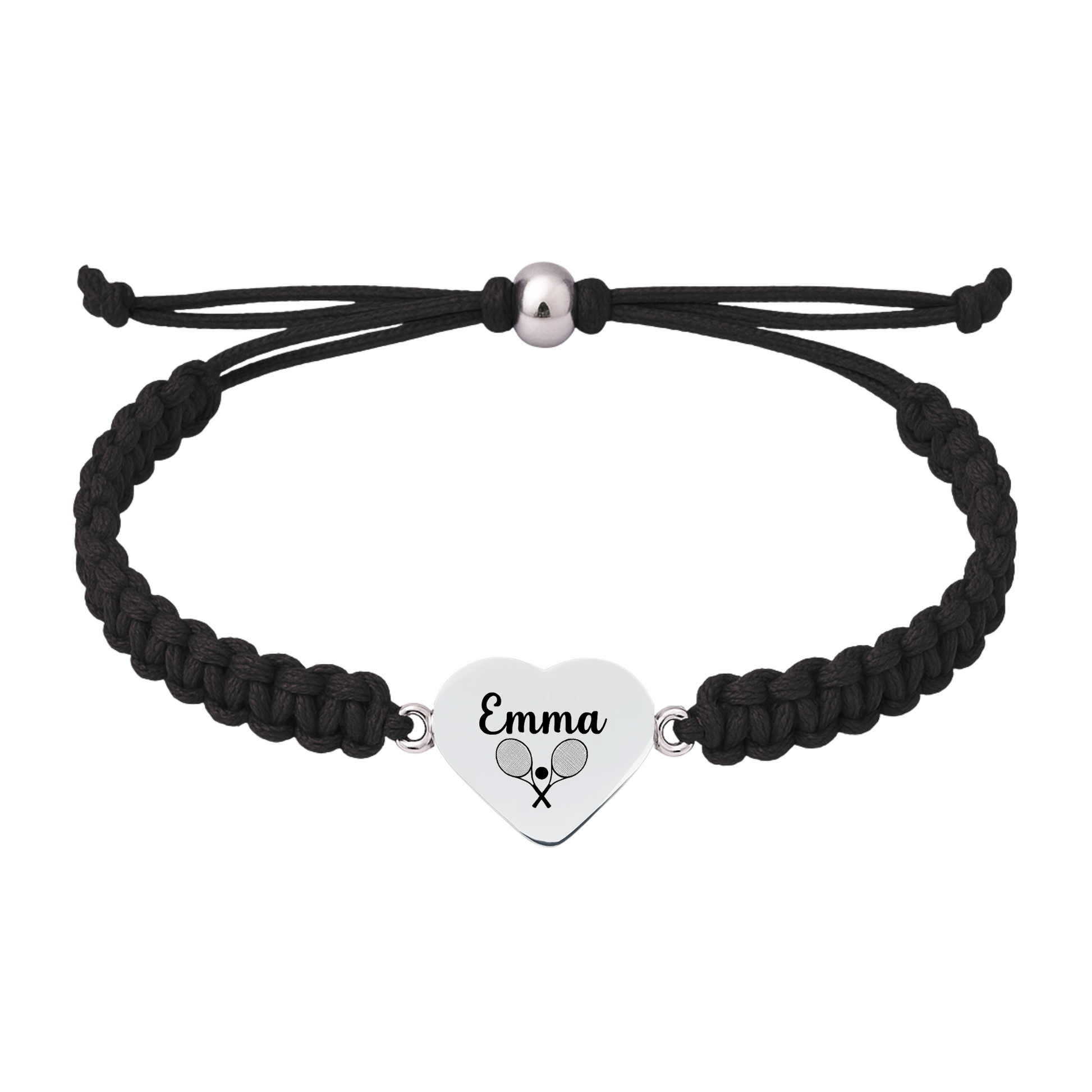 Black adjustable tennis bracelet with engraved heart charm
