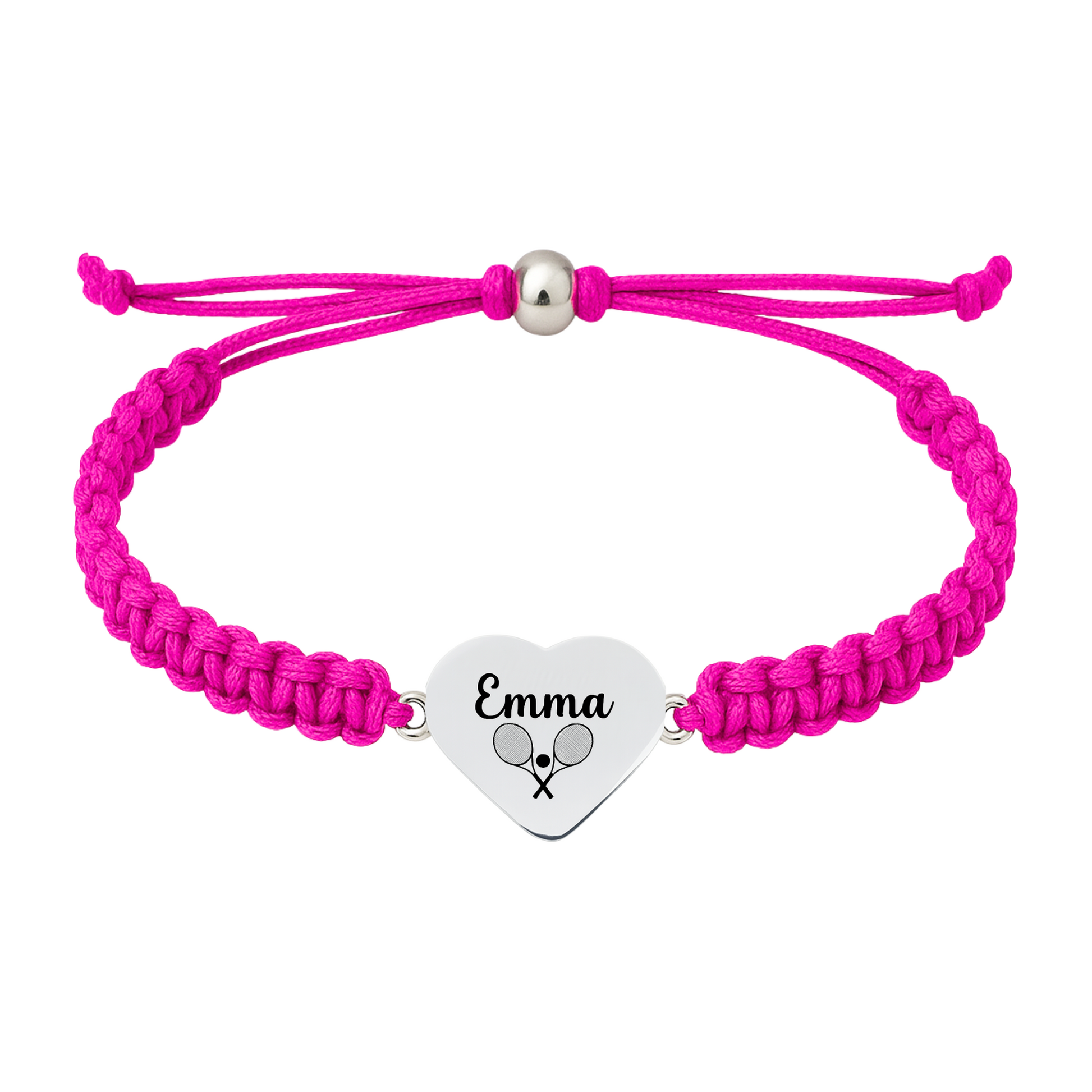 Hot pink rope bracelet with personalized tennis heart charm