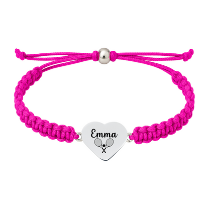 Hot pink rope bracelet with personalized tennis heart charm