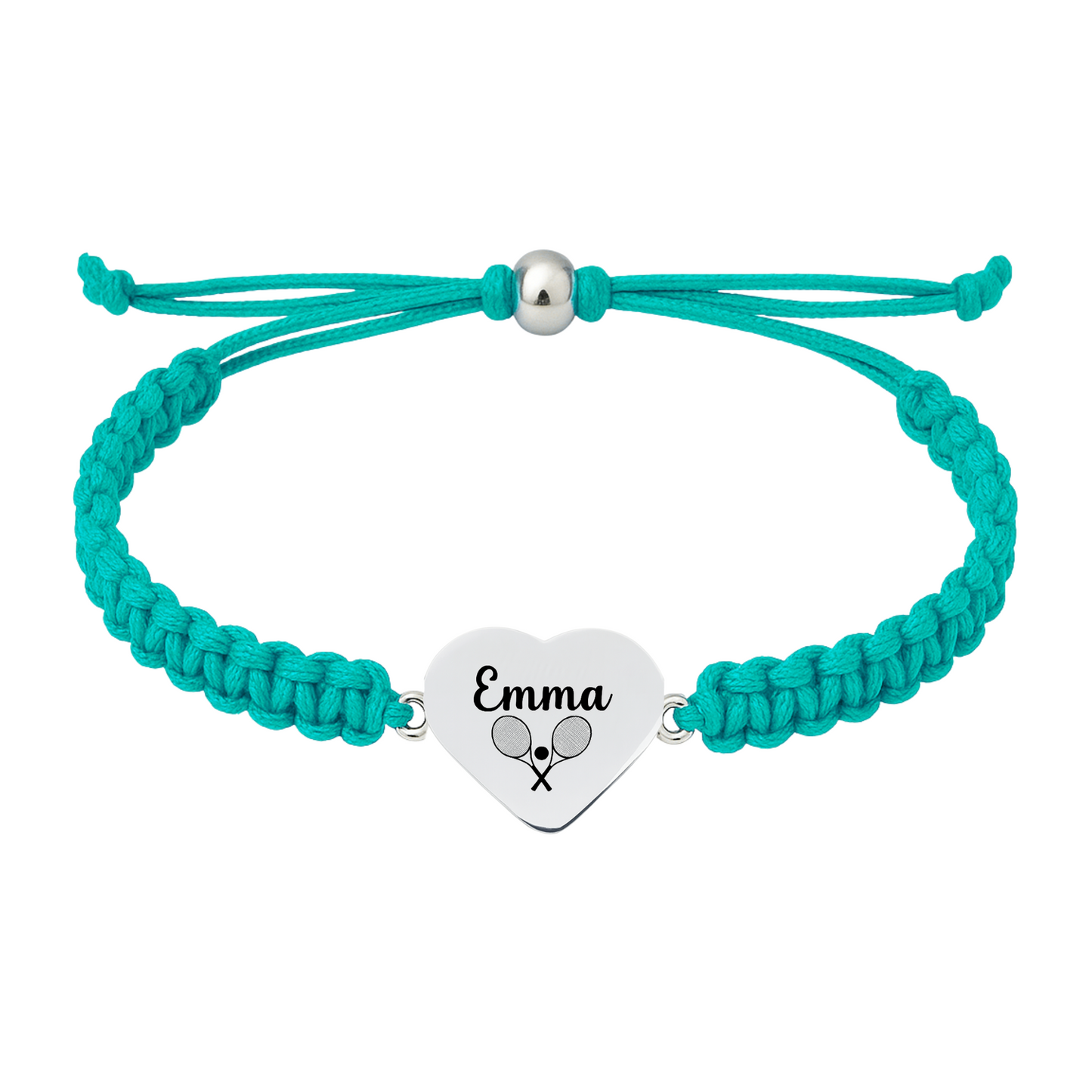 Teal braided bracelet featuring stainless steel charm engraved with tennis design