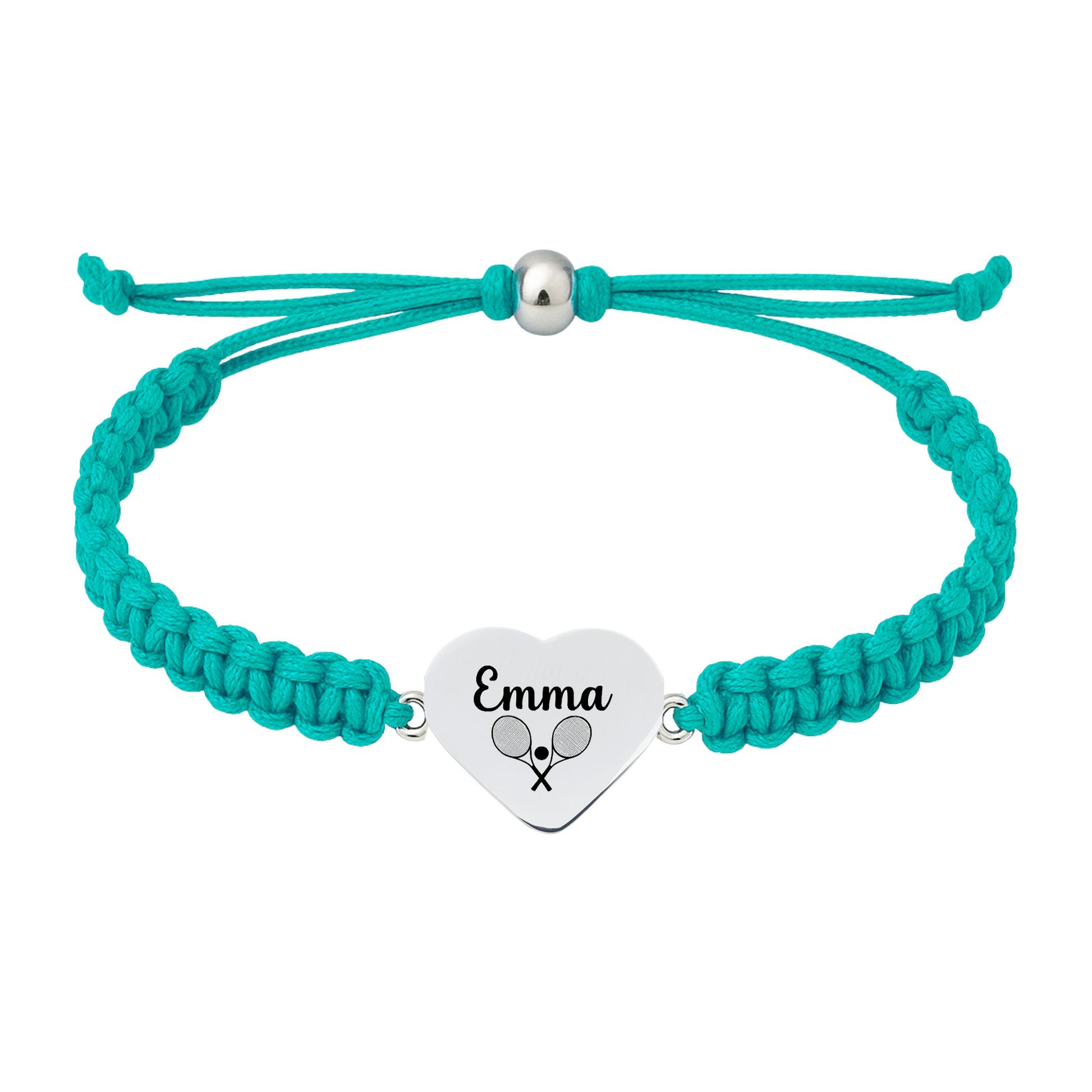 Teal braided bracelet featuring stainless steel charm engraved with tennis design