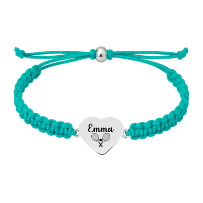 Teal braided bracelet featuring stainless steel charm engraved with tennis design