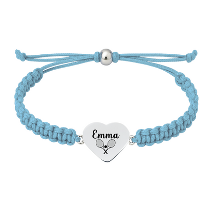 Light blue tennis bracelet with engraved stainless steel heart charm