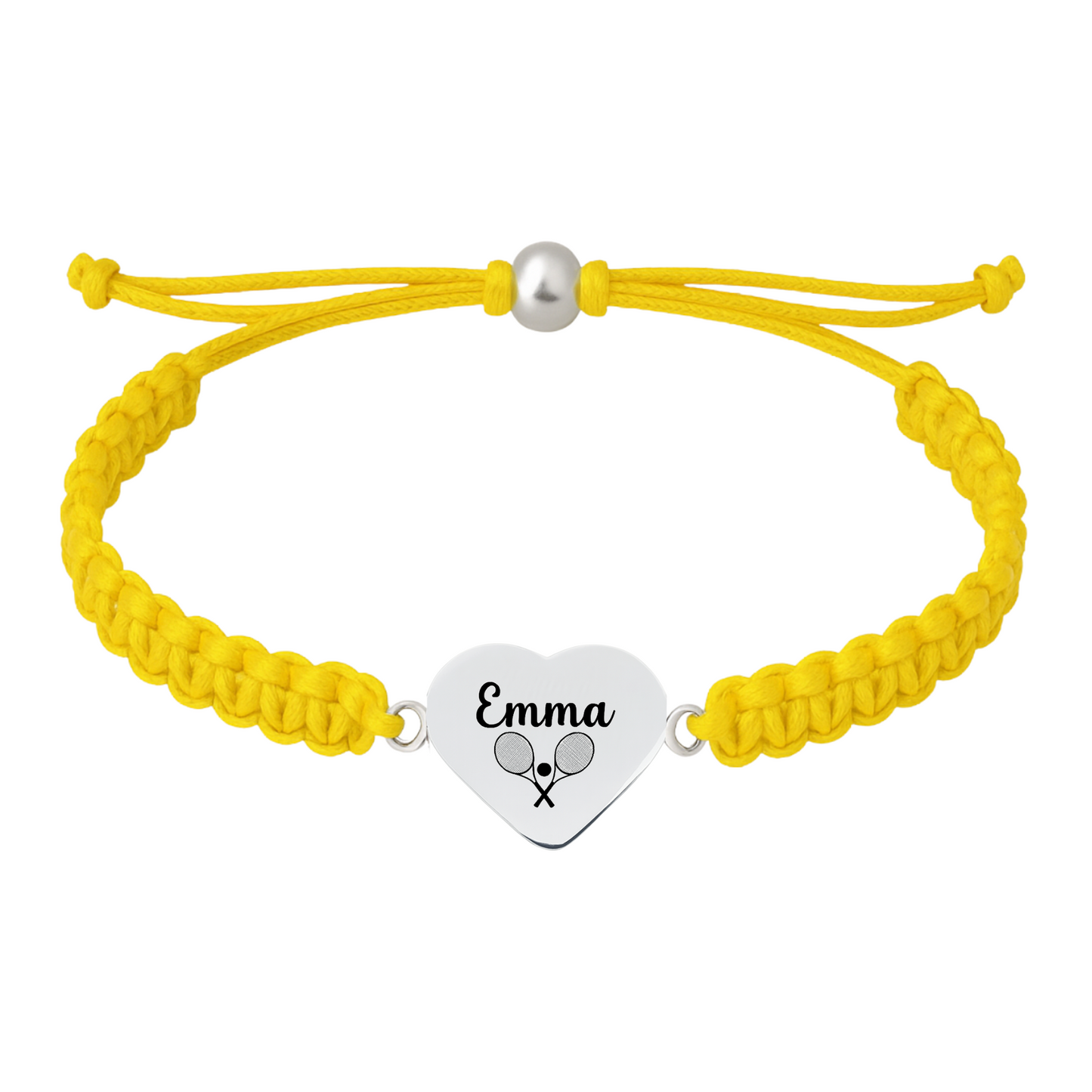 Yellow rope bracelet with stainless steel heart charm engraved and tennis racket icon