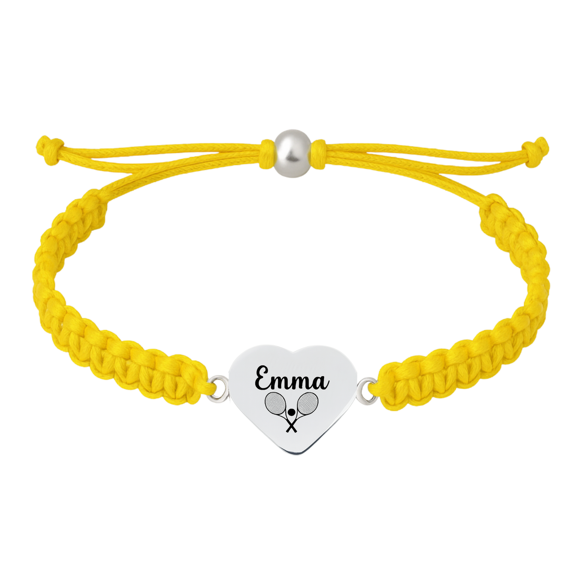 Yellow rope bracelet with stainless steel heart charm engraved and tennis racket icon