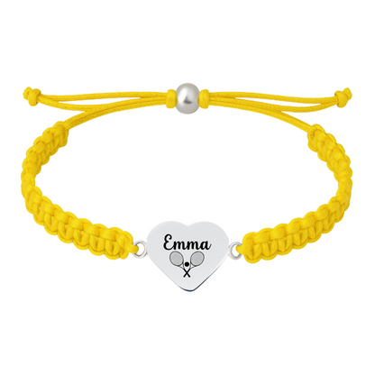 Yellow rope bracelet with stainless steel heart charm engraved and tennis racket icon