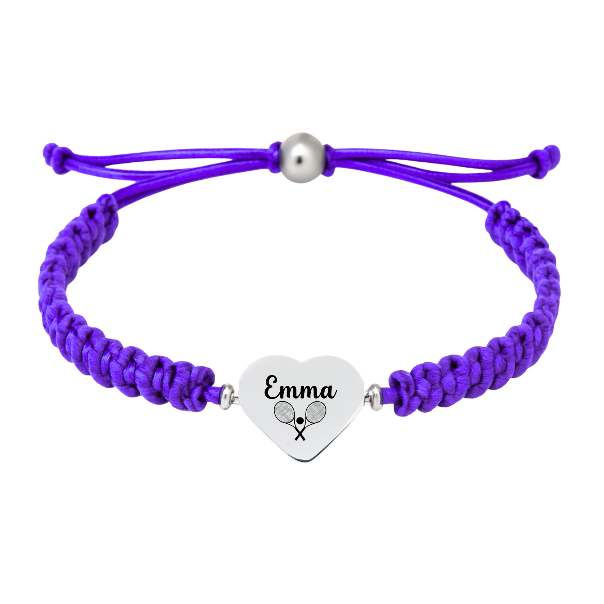Purple tennis bracelet featuring heart charm with name engraving