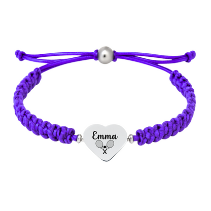 Purple tennis bracelet featuring heart charm with name engraving