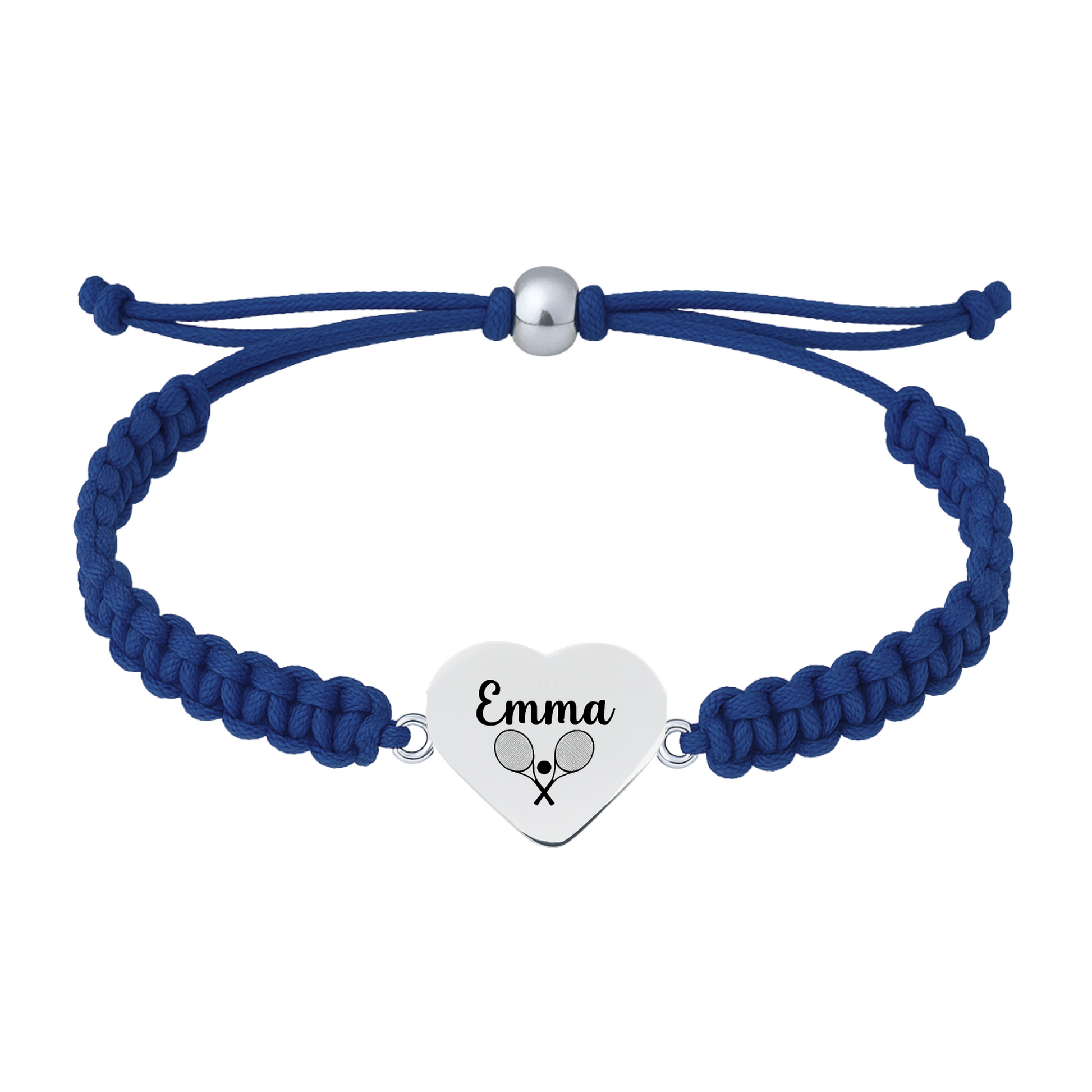 Dark navy blue bracelet with adjustable slip knot and personalized tennis charm