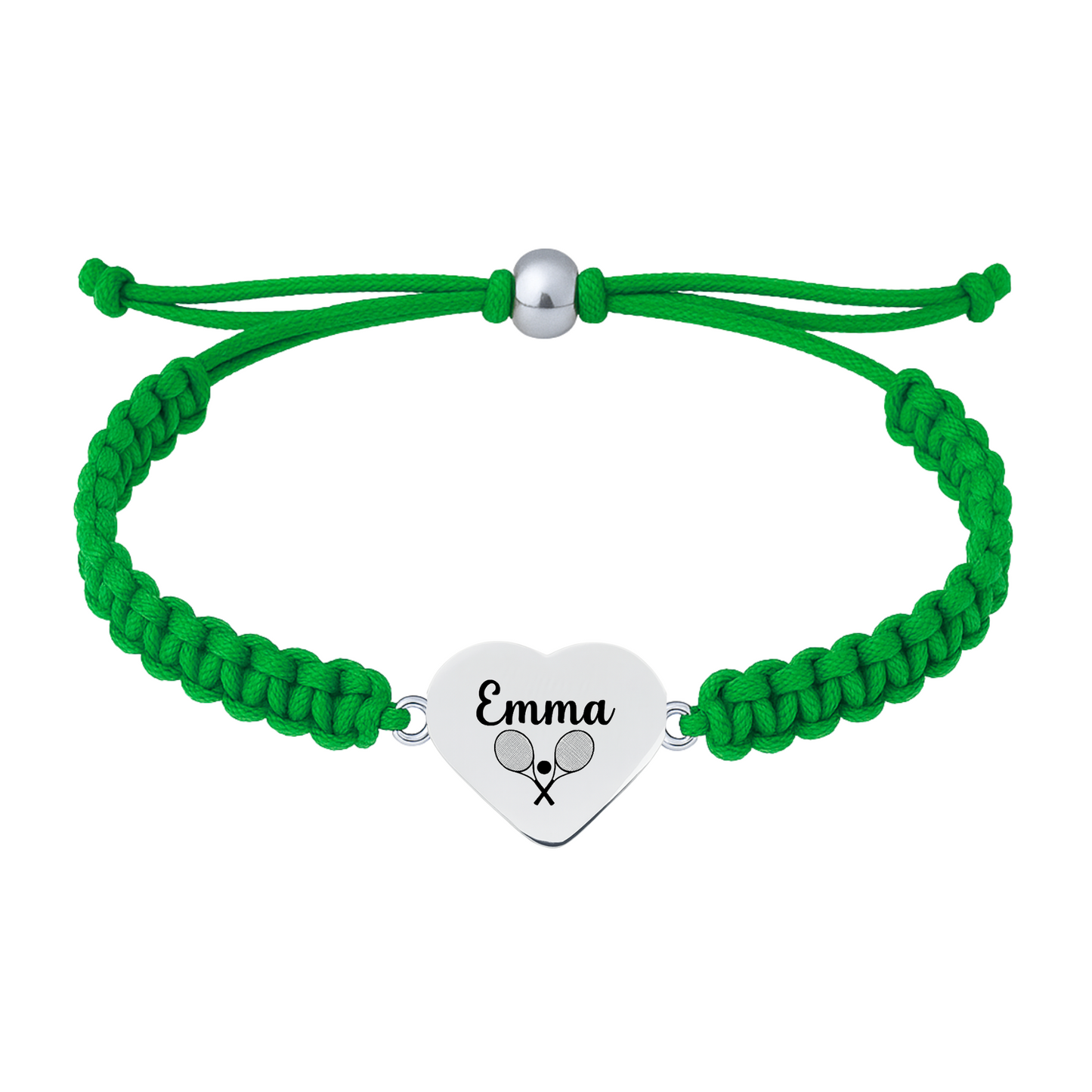 Green braided bracelet with stainless steel tennis-themed heart charm