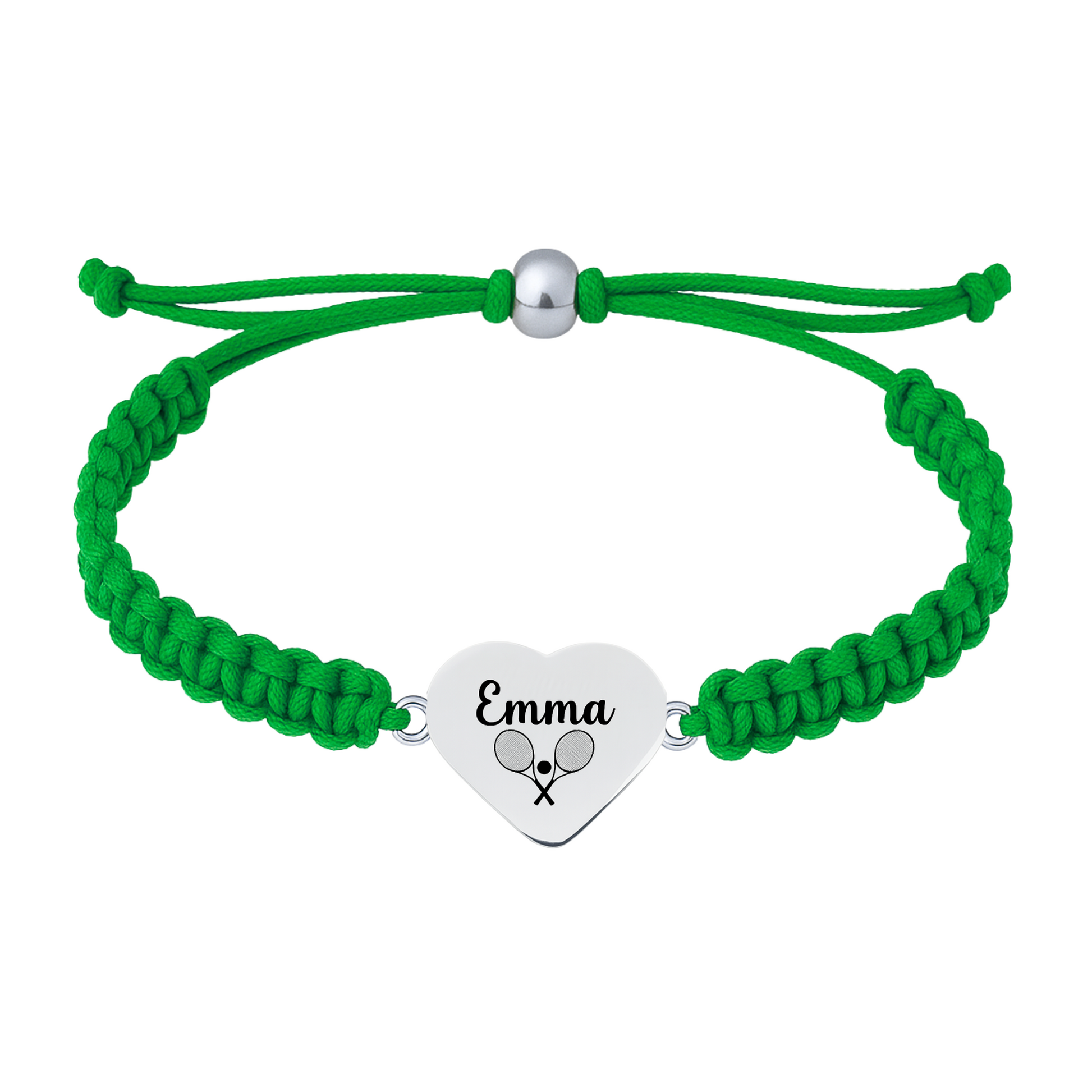 Green braided bracelet with stainless steel tennis-themed heart charm