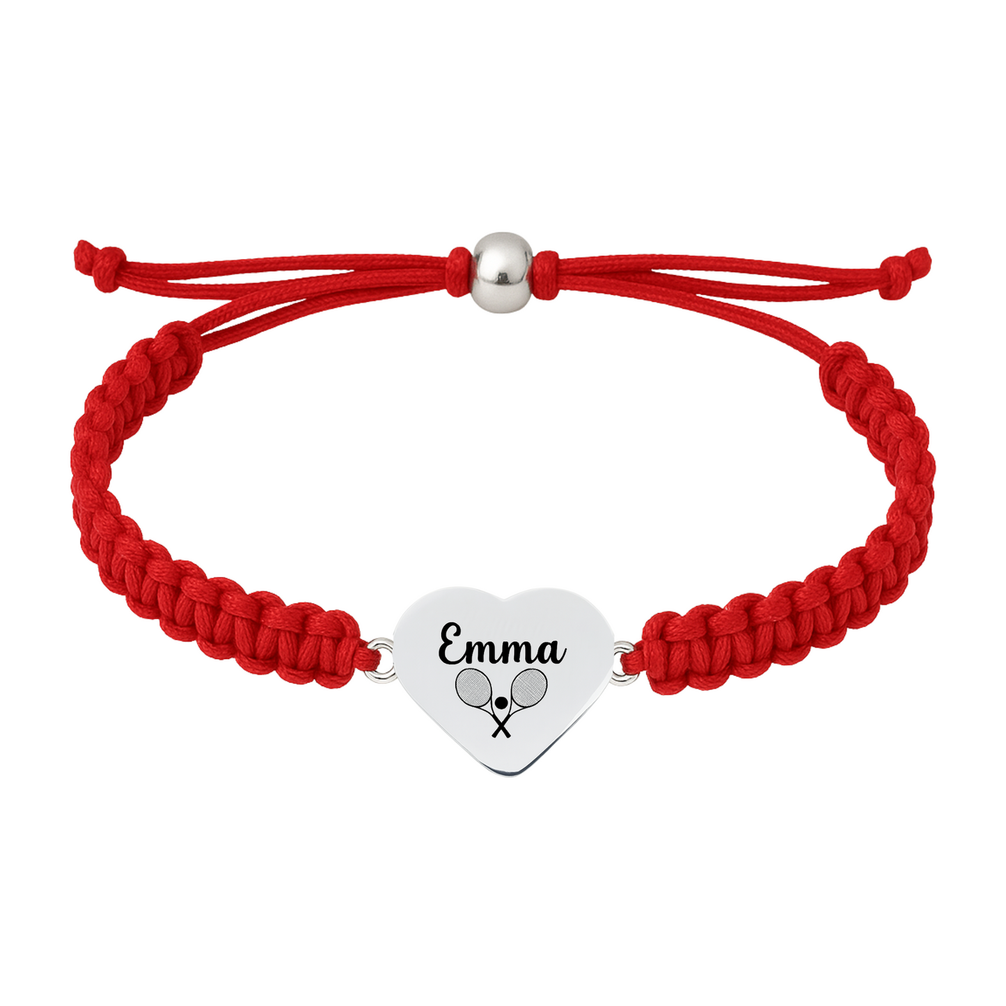Red rope bracelet with engraved heart charm featuring tennis symbol