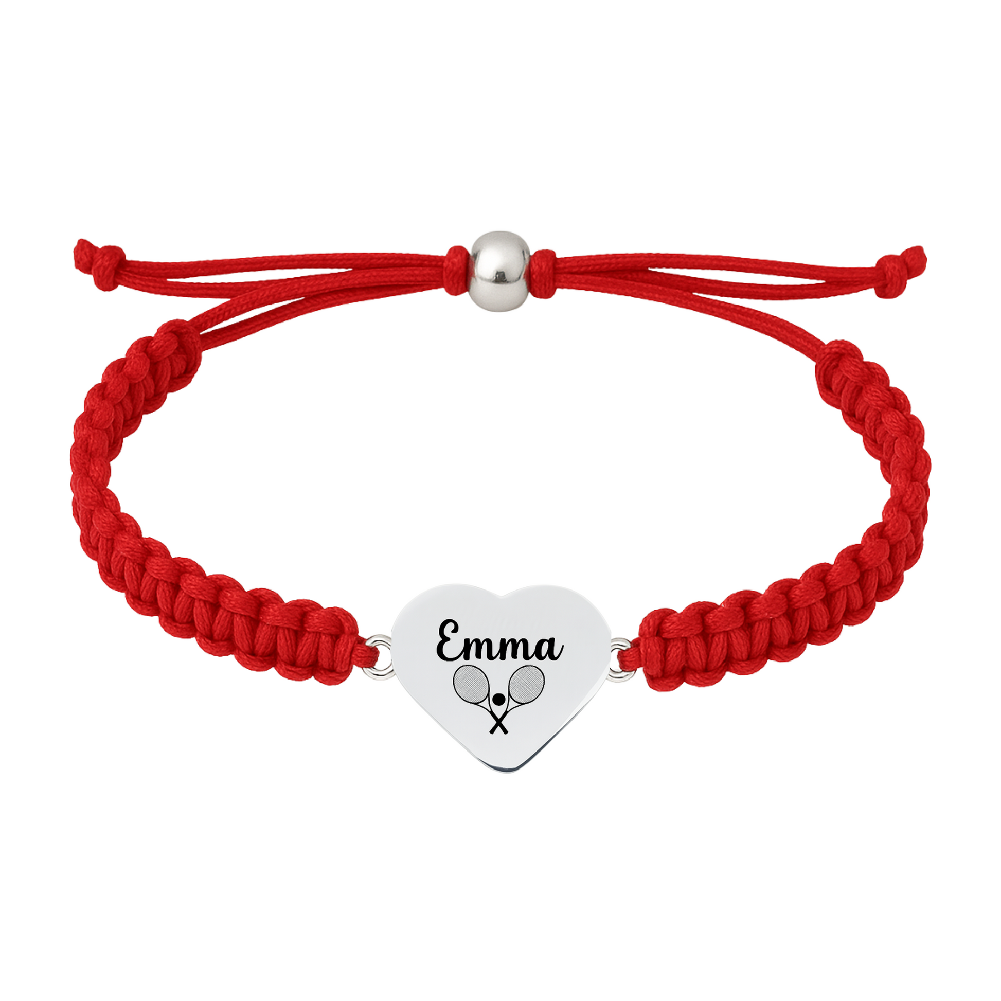 Red rope bracelet with engraved heart charm featuring tennis symbol
