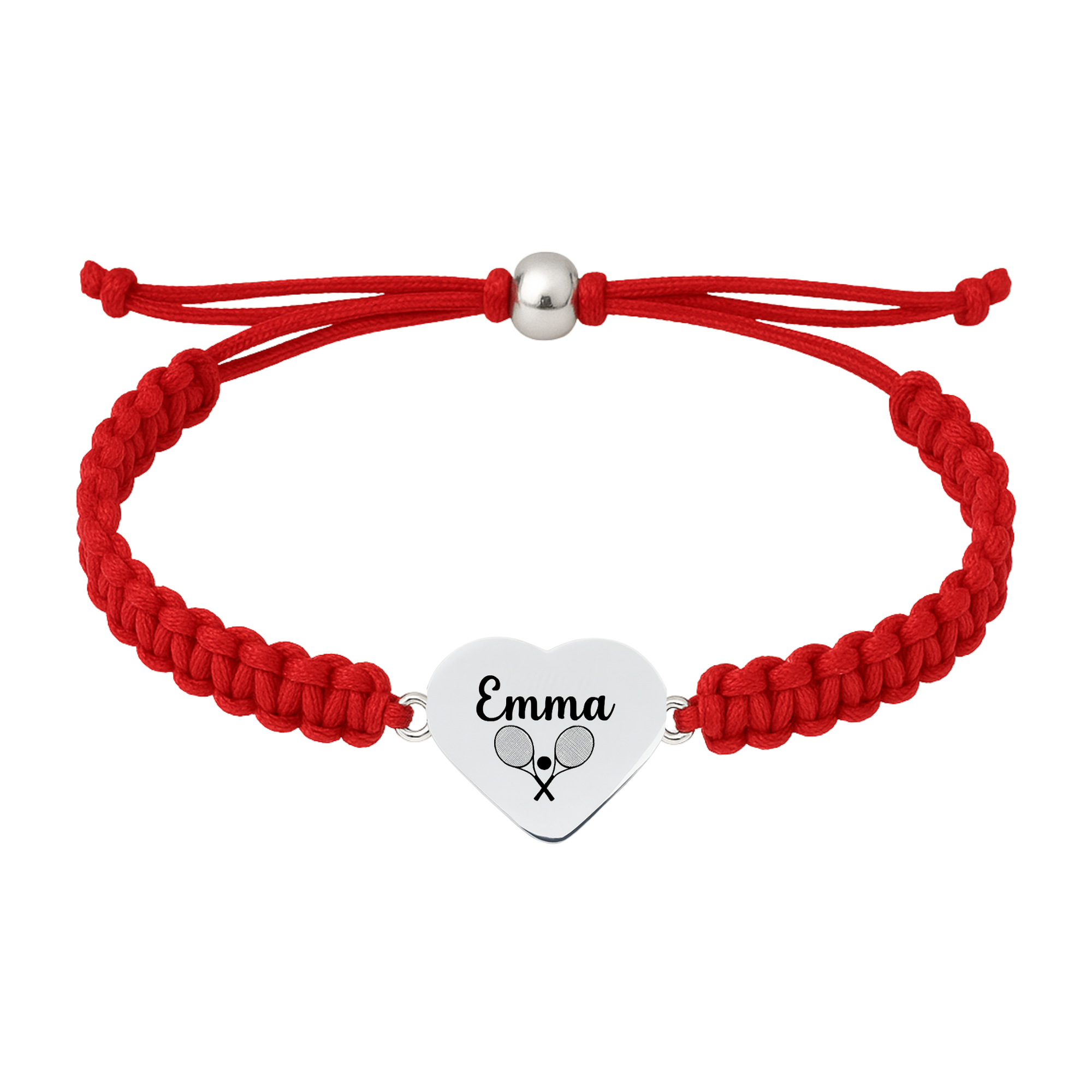 Red rope bracelet with engraved heart charm featuring tennis symbol