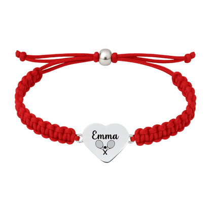 Red rope bracelet with engraved heart charm featuring tennis symbol