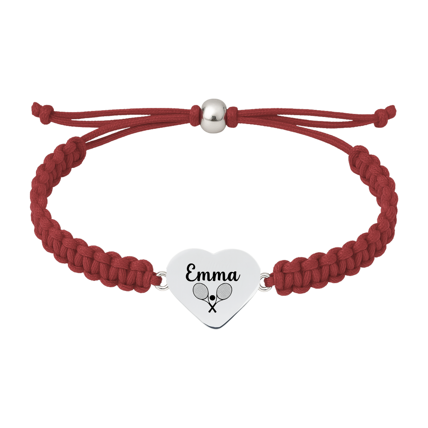 Maroon bracelet with name engraved on heart charm with tennis icon