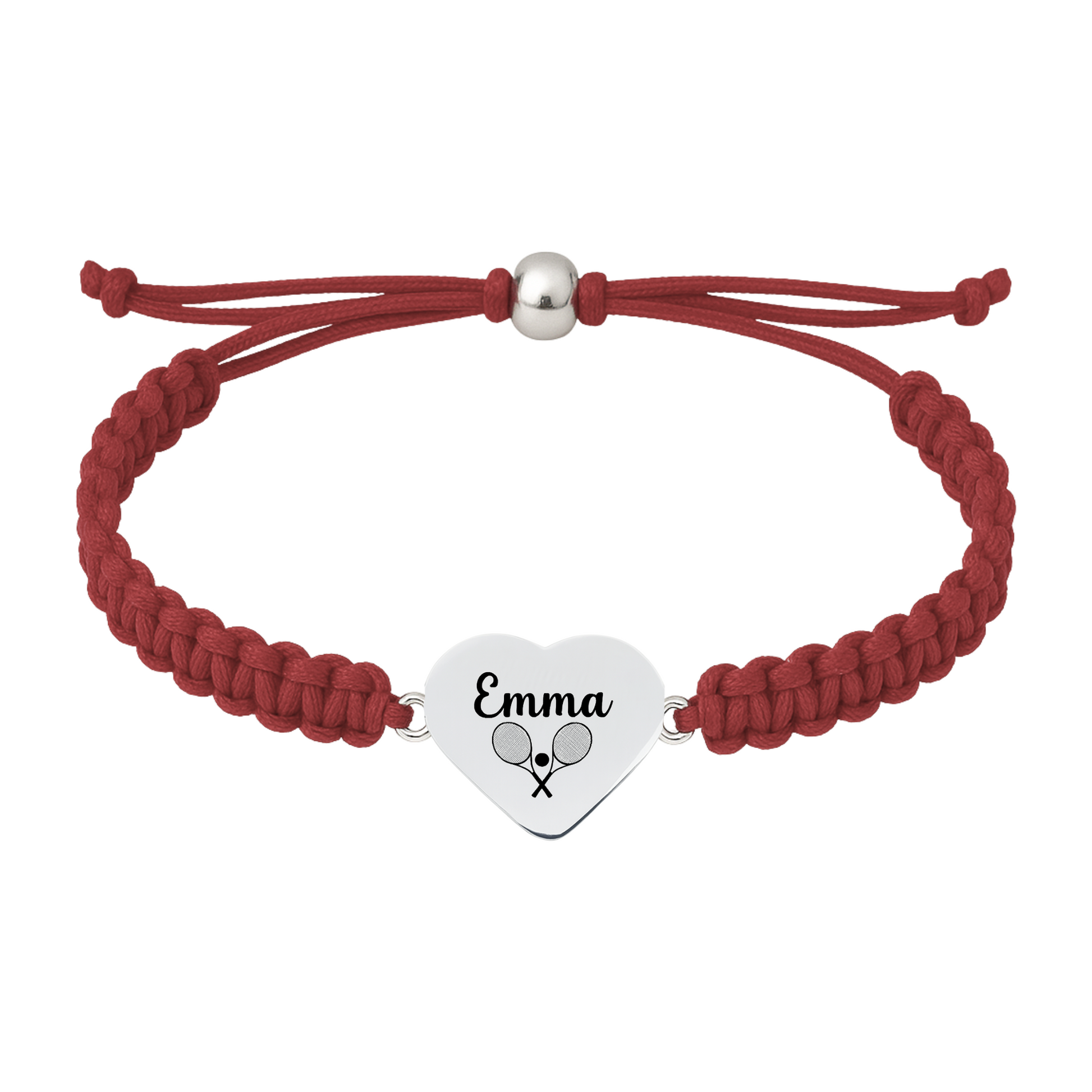 Maroon bracelet with name engraved on heart charm with tennis icon