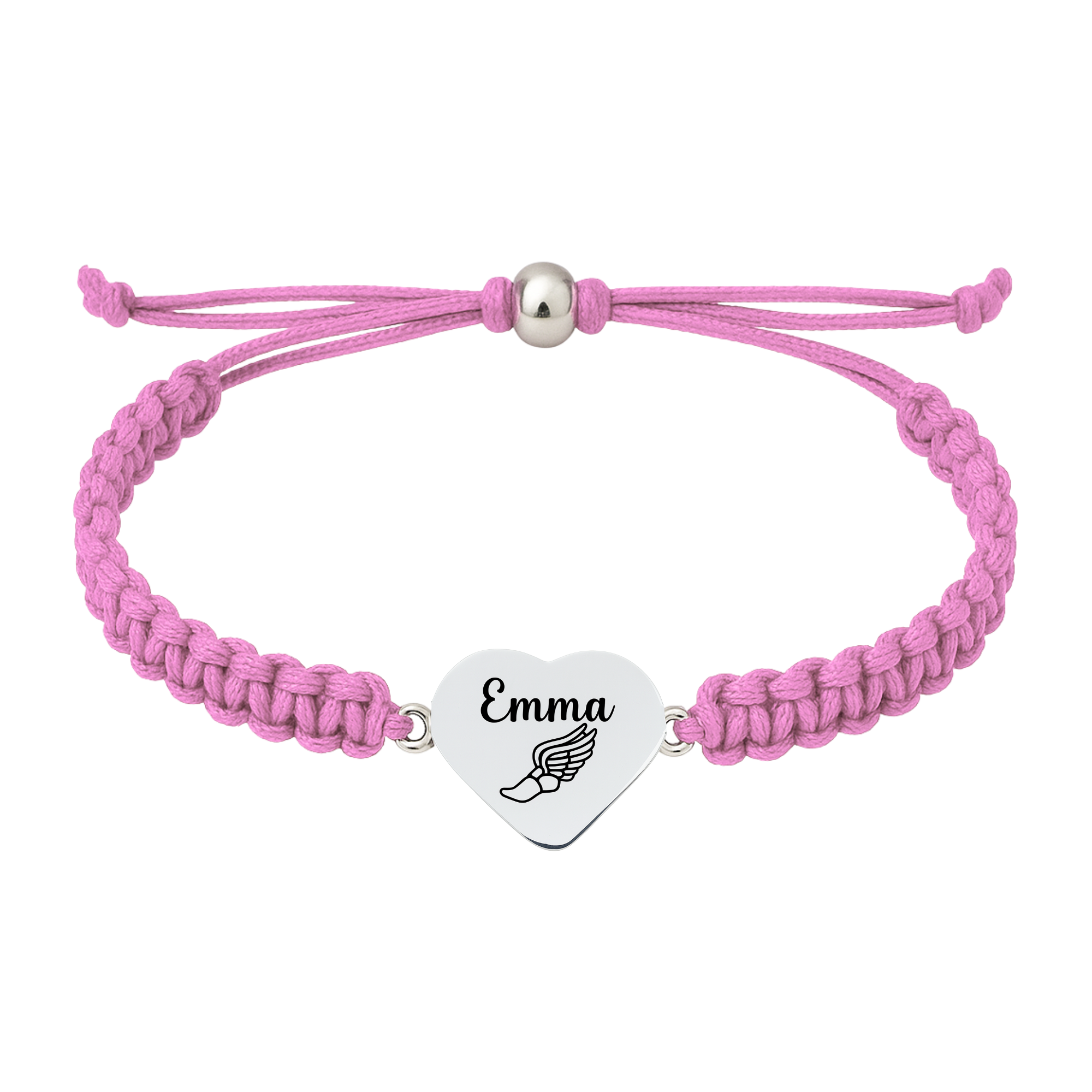 Light pink bracelet with engraved track heart charm displayed