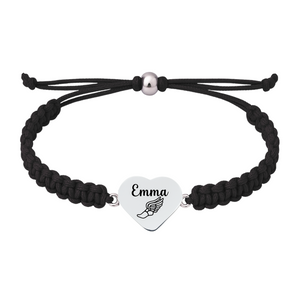 Black adjustable rope bracelet with engraved heart-shaped track charm