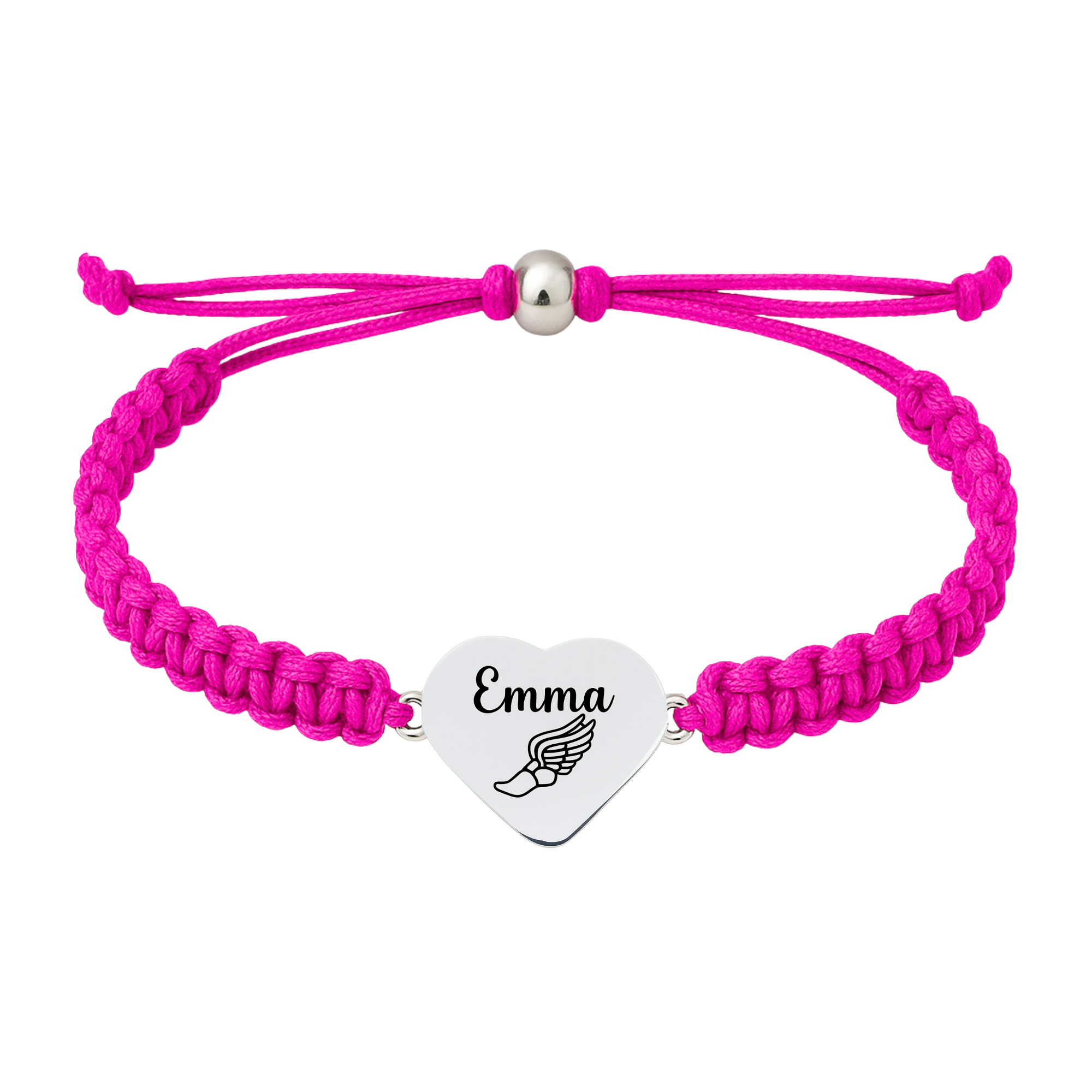 Hot pink bracelet featuring polished heart charm engraved with track icon