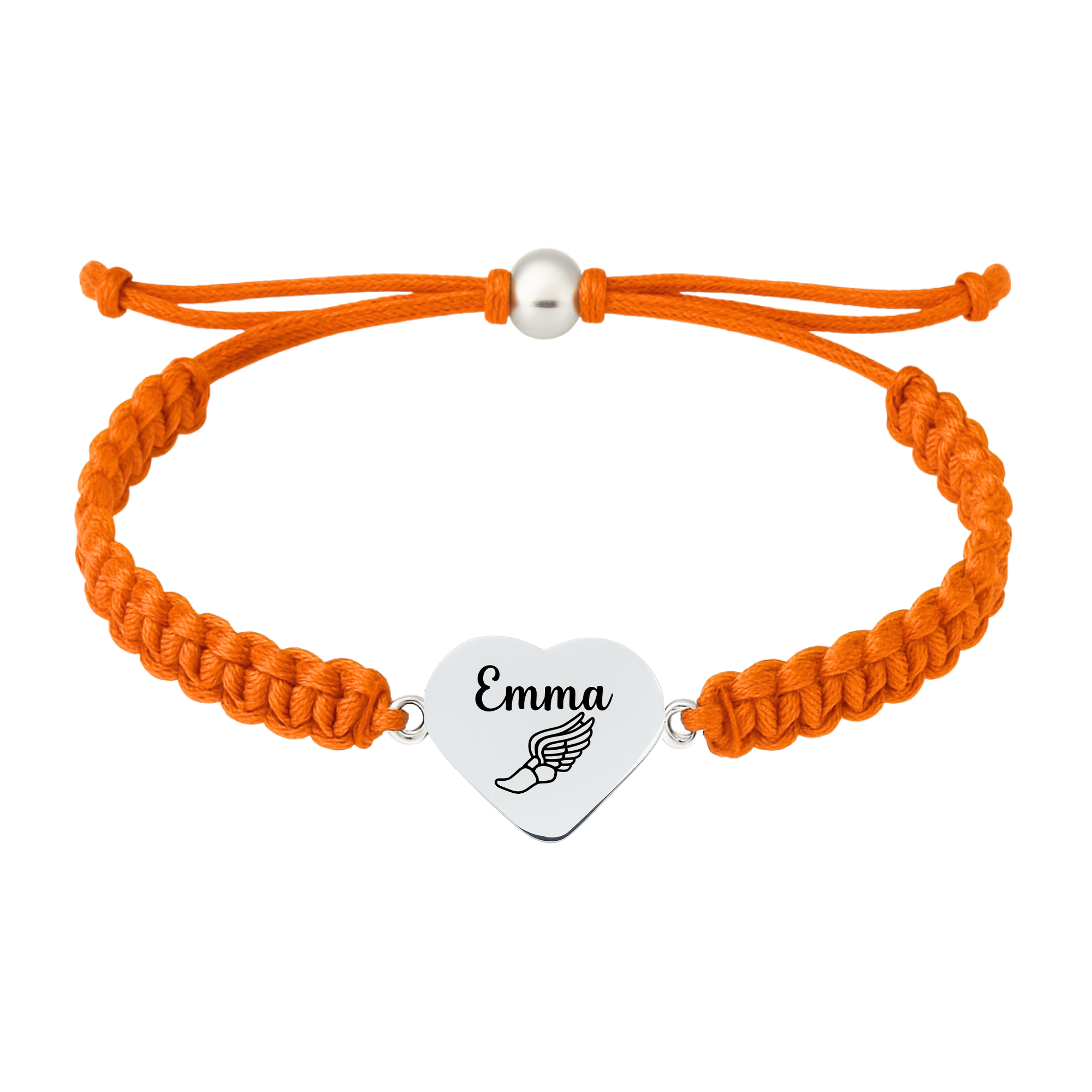 Orange rope bracelet featuring engraved stainless steel heart charm with winged shoe