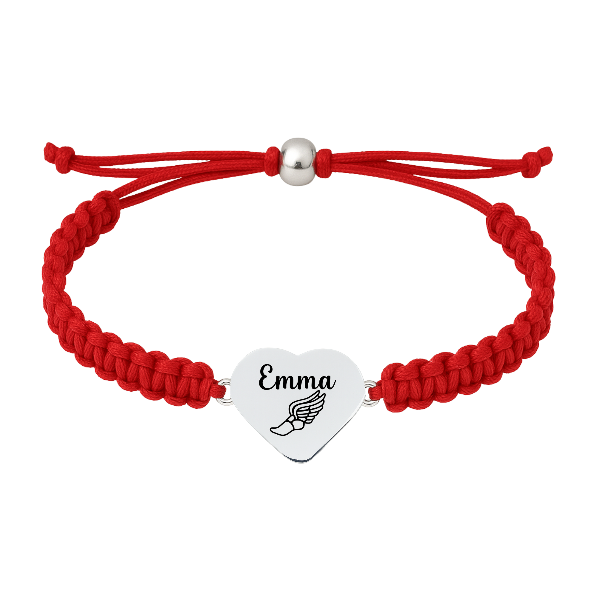 Red bracelet with polished heart charm engraved with winged shoe icon
