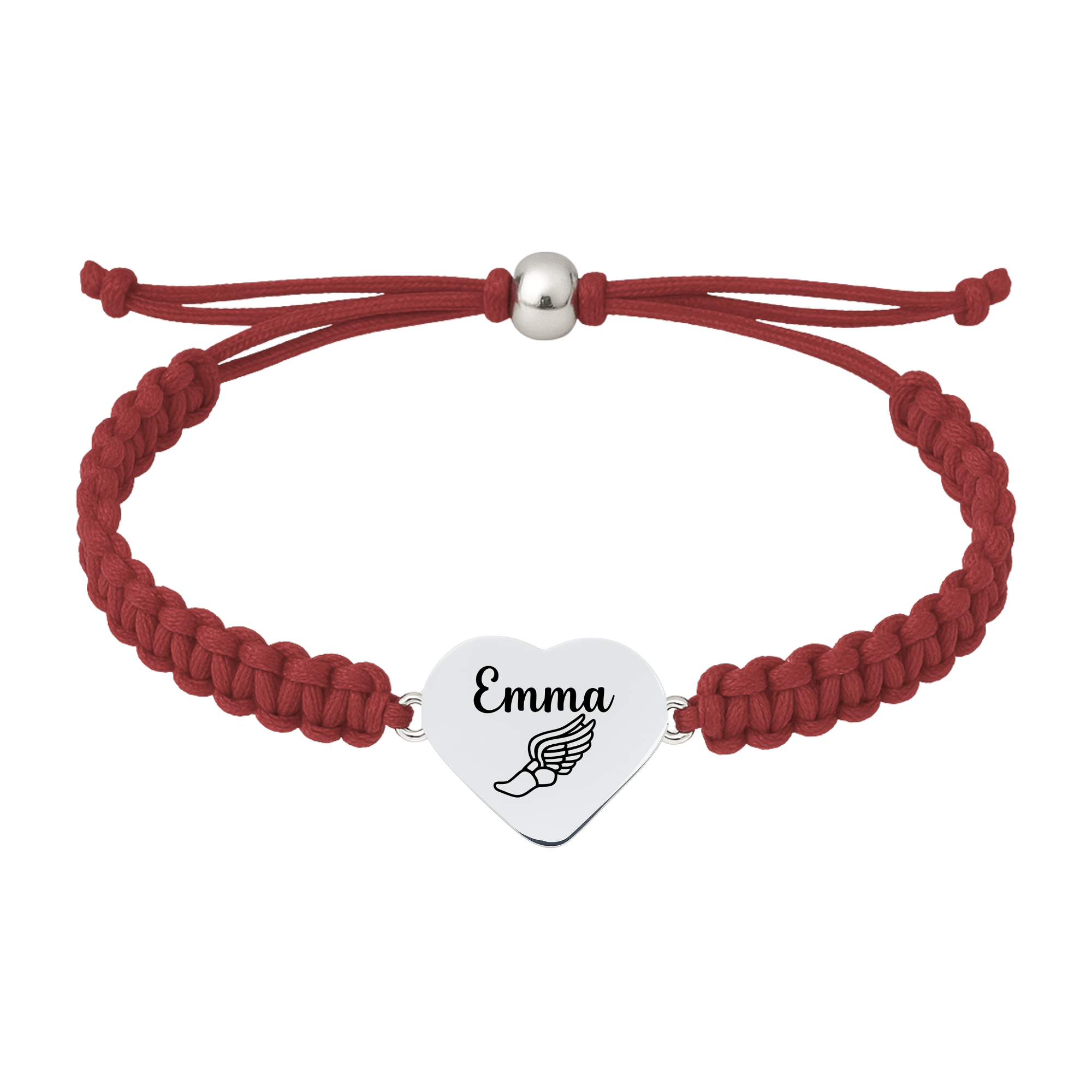 Red maroon braided rope bracelet with stainless steel heart charm engraved name and a winged shoe icon