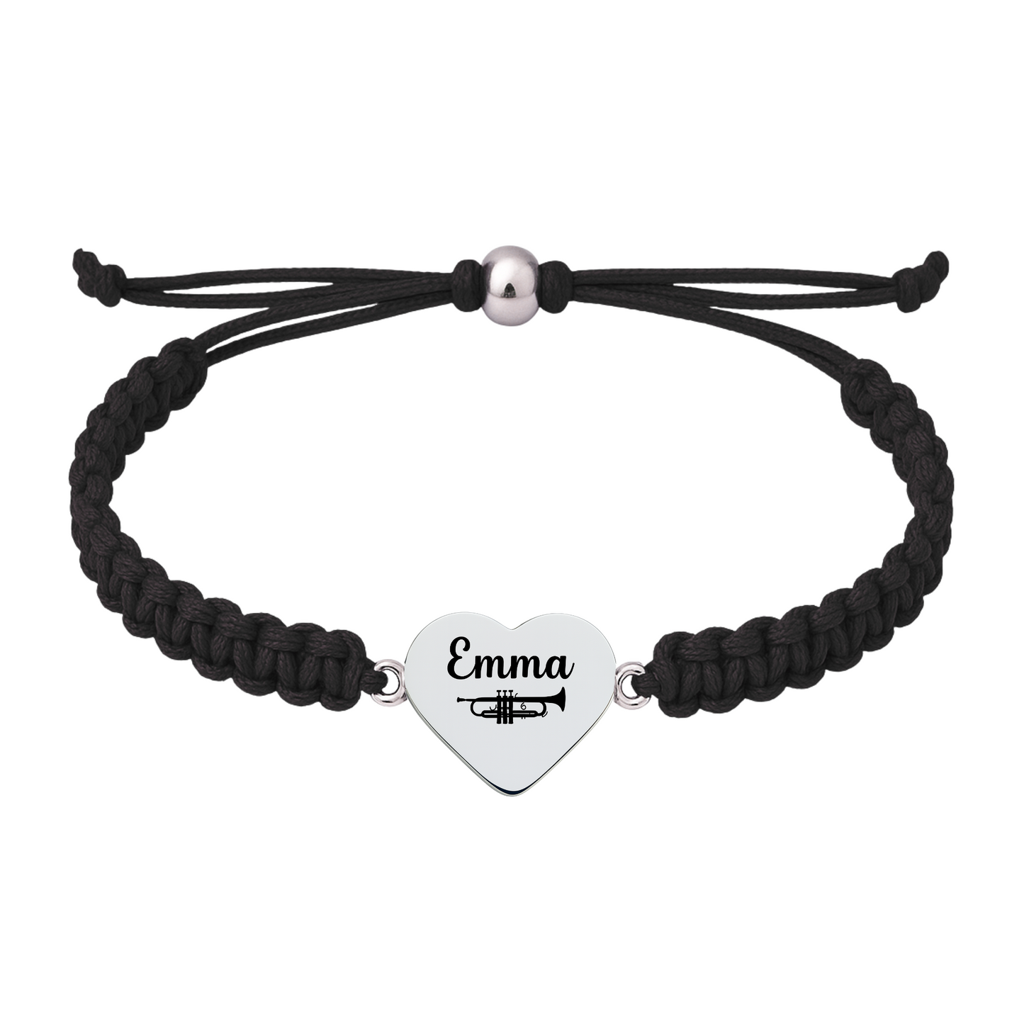 Black adjustable bracelet featuring a personalized trumpet heart charm