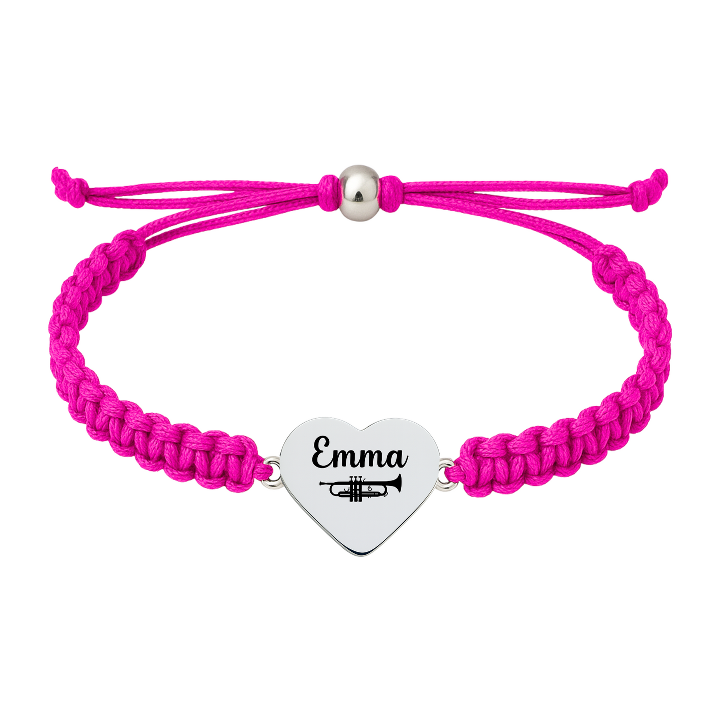 Hot pink bracelet with engraved stainless steel heart charm and trumpet symbol
