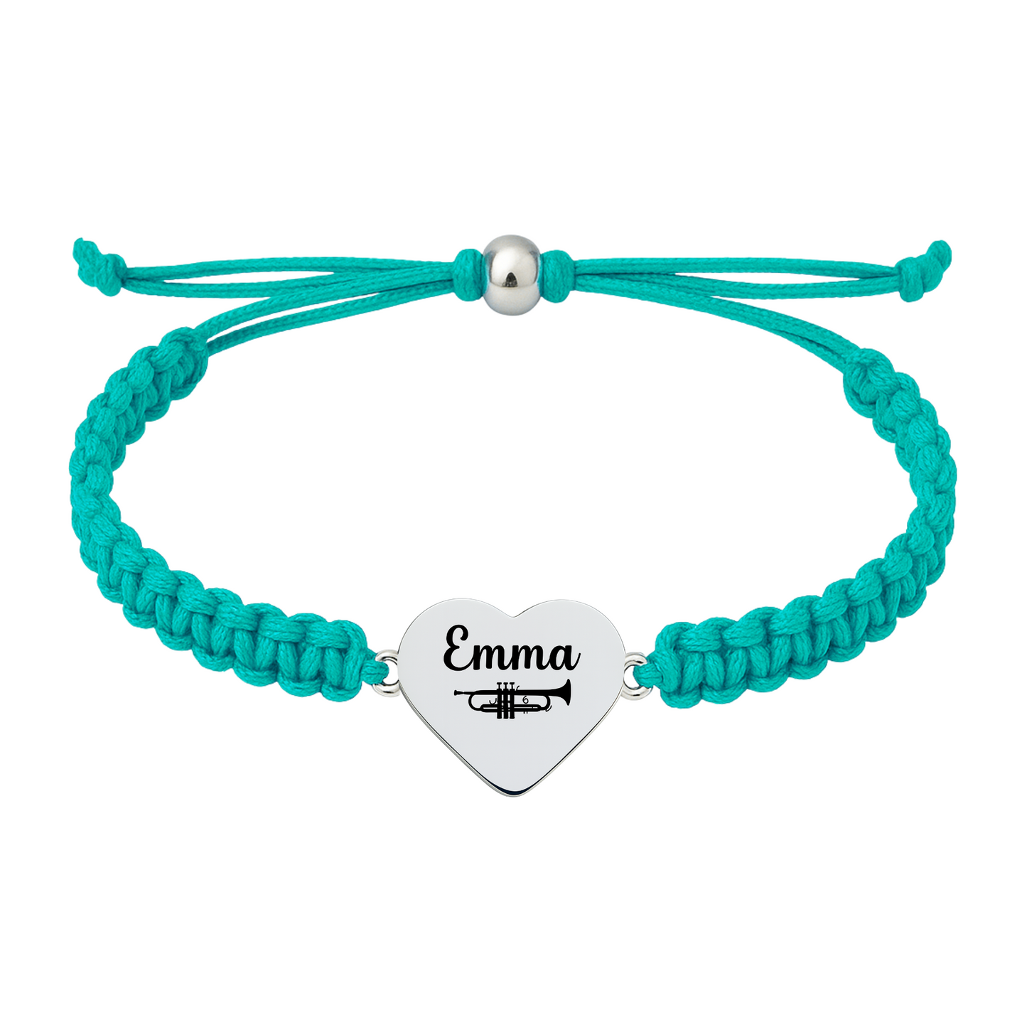 Teal braided rope bracelet with stainless steel heart charm engraved with “Emma” and a trumpet icon