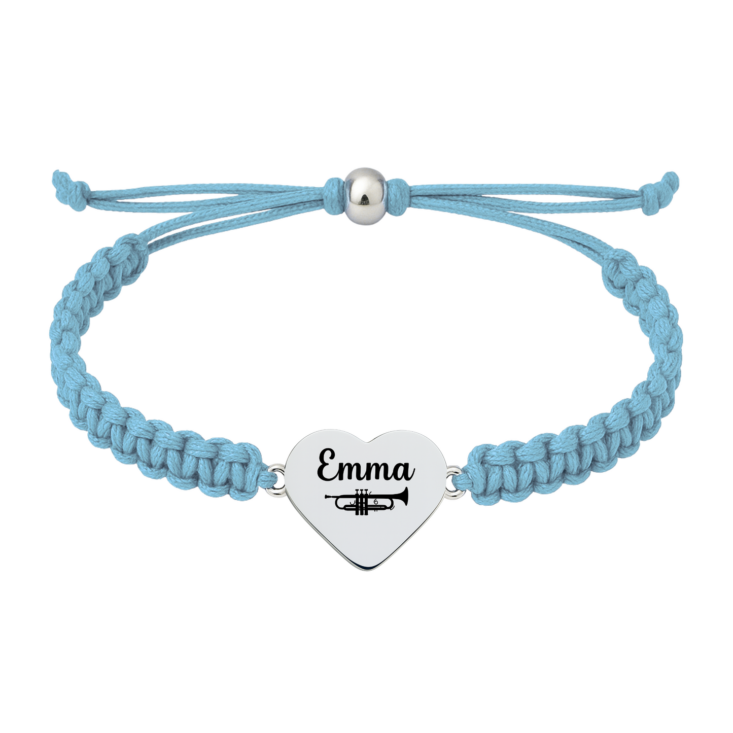 light-blue bracelet with trumpet engraving on heart charm