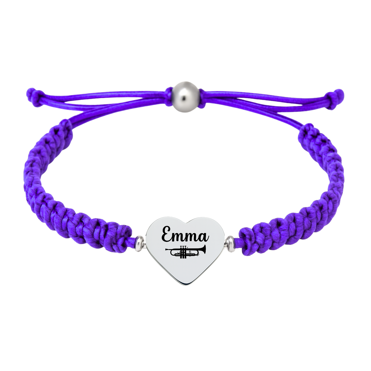 Purple bracelet with engraved stainless steel heart featuring a trumpet design