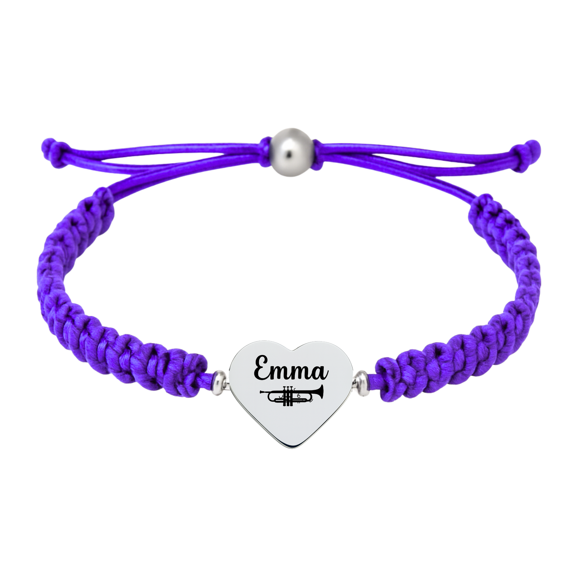 Purple bracelet with engraved stainless steel heart featuring a trumpet design