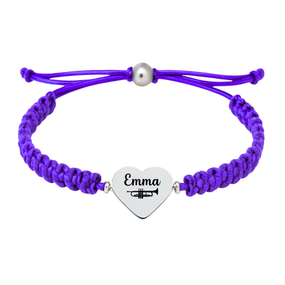 Purple bracelet with engraved stainless steel heart featuring a trumpet design