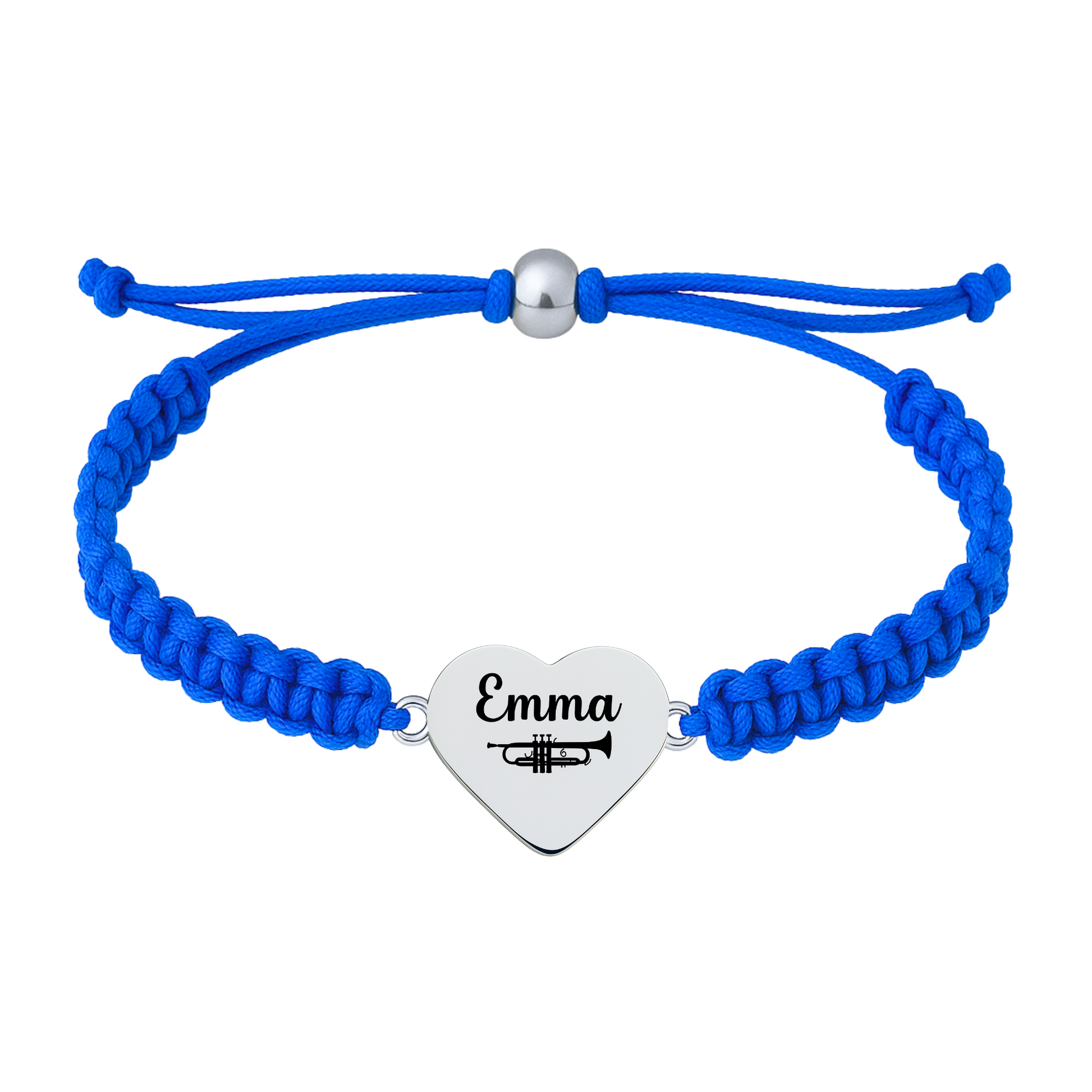 Royal blue bracelet with adjustable slip knot and trumpet heart charm