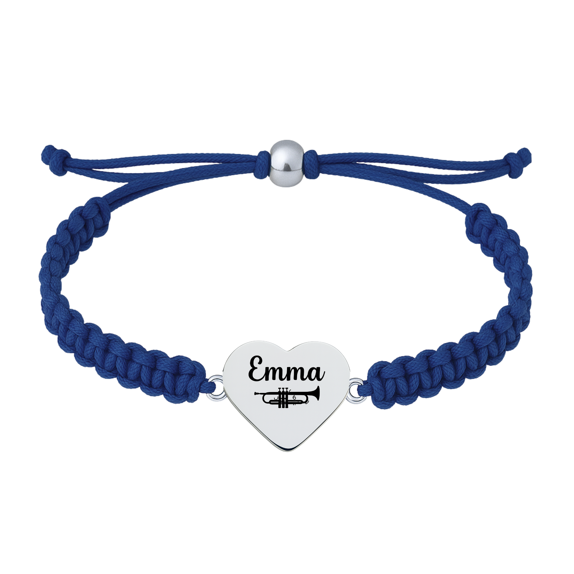 Navy blue bracelet with stainless steel engraved trumpet charm labeled