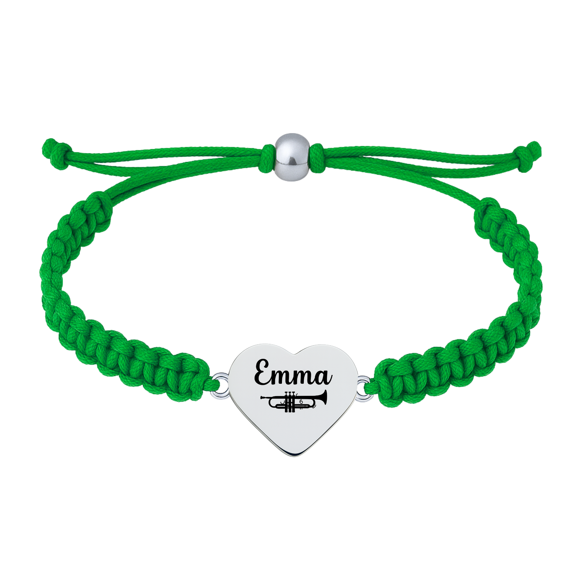 Green bracelet with braided cord and trumpet heart charmv