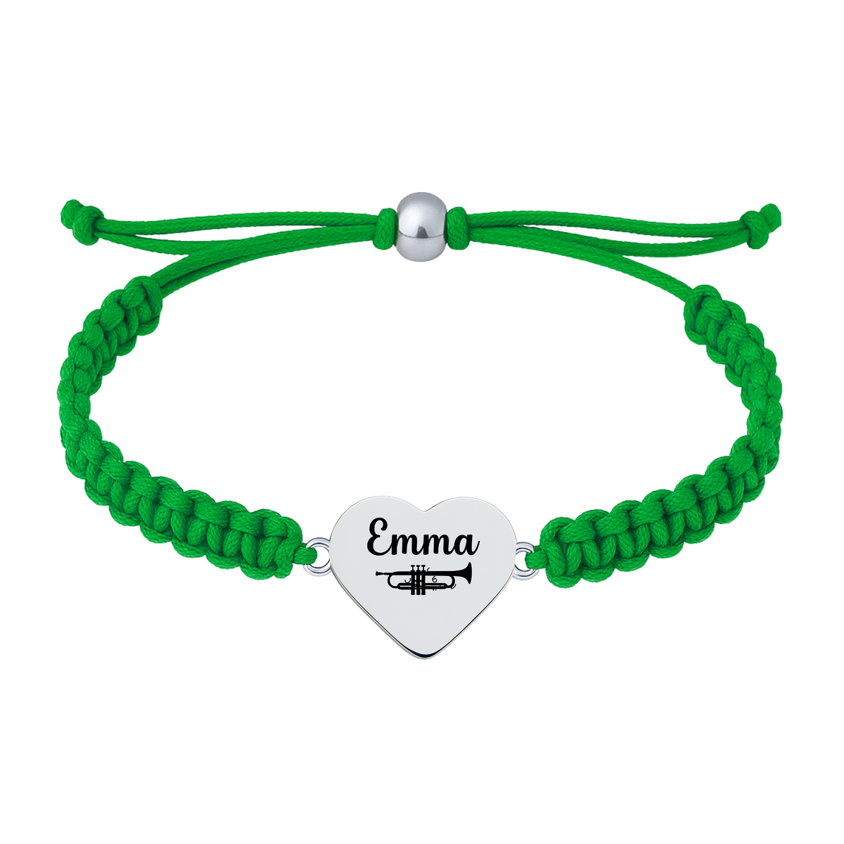 Green bracelet with braided cord and trumpet heart charmv