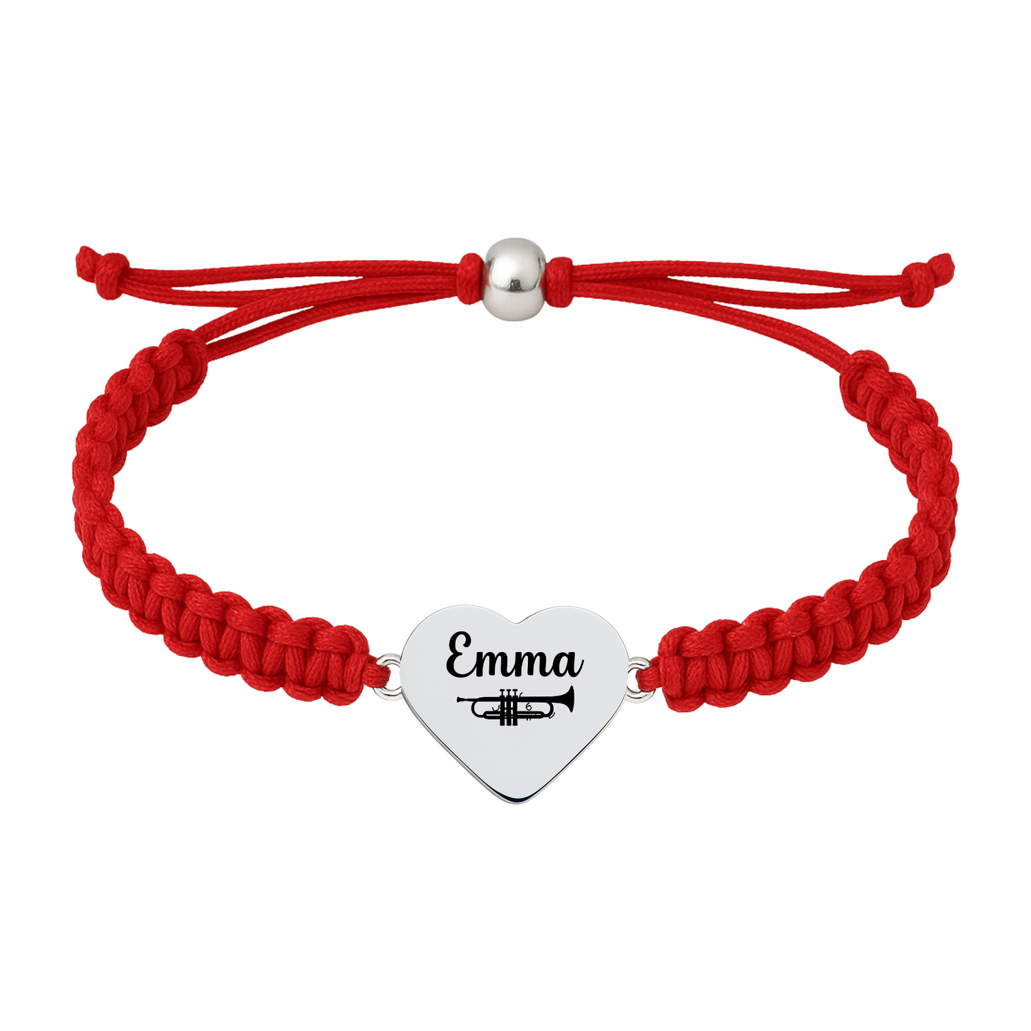 Bright red bracelet with stainless steel trumpet engraved charm