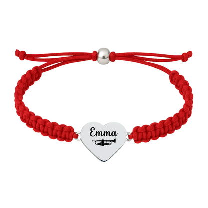 Bright red bracelet with stainless steel trumpet engraved charm