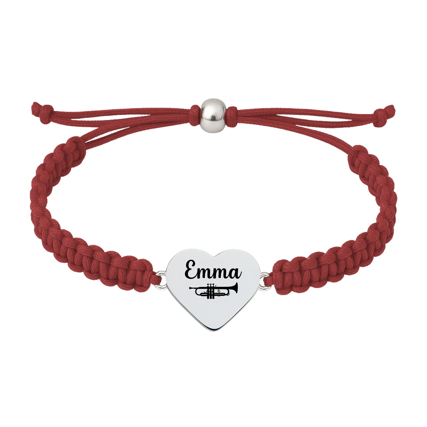 Maroon bracelet with adjustable rope and engraved heart trumpet charm