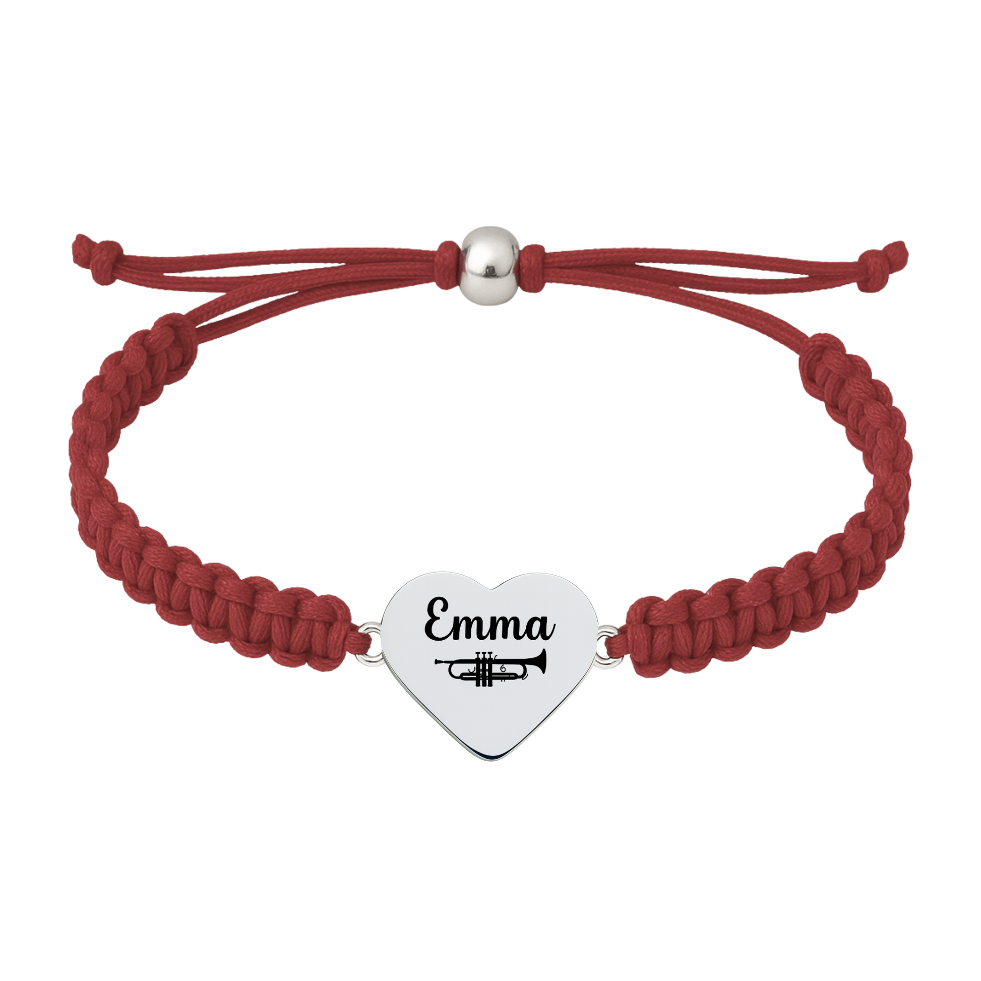 Maroon bracelet with adjustable rope and engraved heart trumpet charm